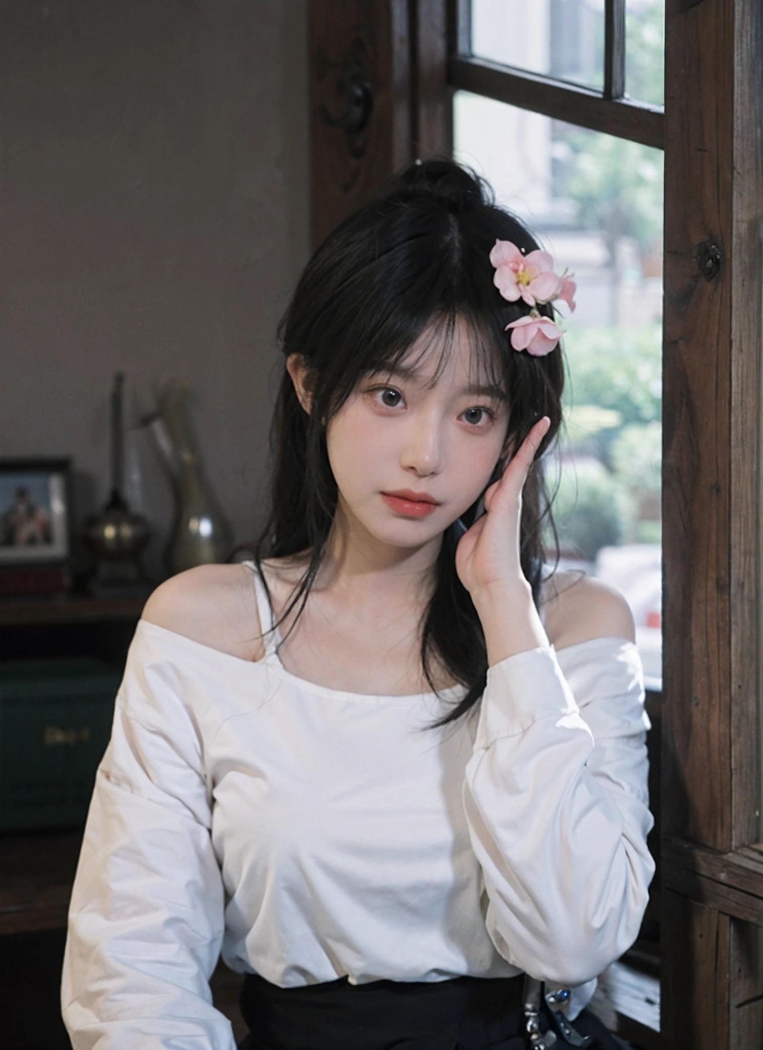 best qualtiy， 超高分辨率， （realisticlying：1.4）， one-girl， A pair of clear and moving peach blossom eyes,Royal Sister，Off-shoulder white shirt， Black tight skirt，  （Faded gray-gray hair：1）， （big cleavage breasts：1.2）， looking at viewert， closeup cleavage ，