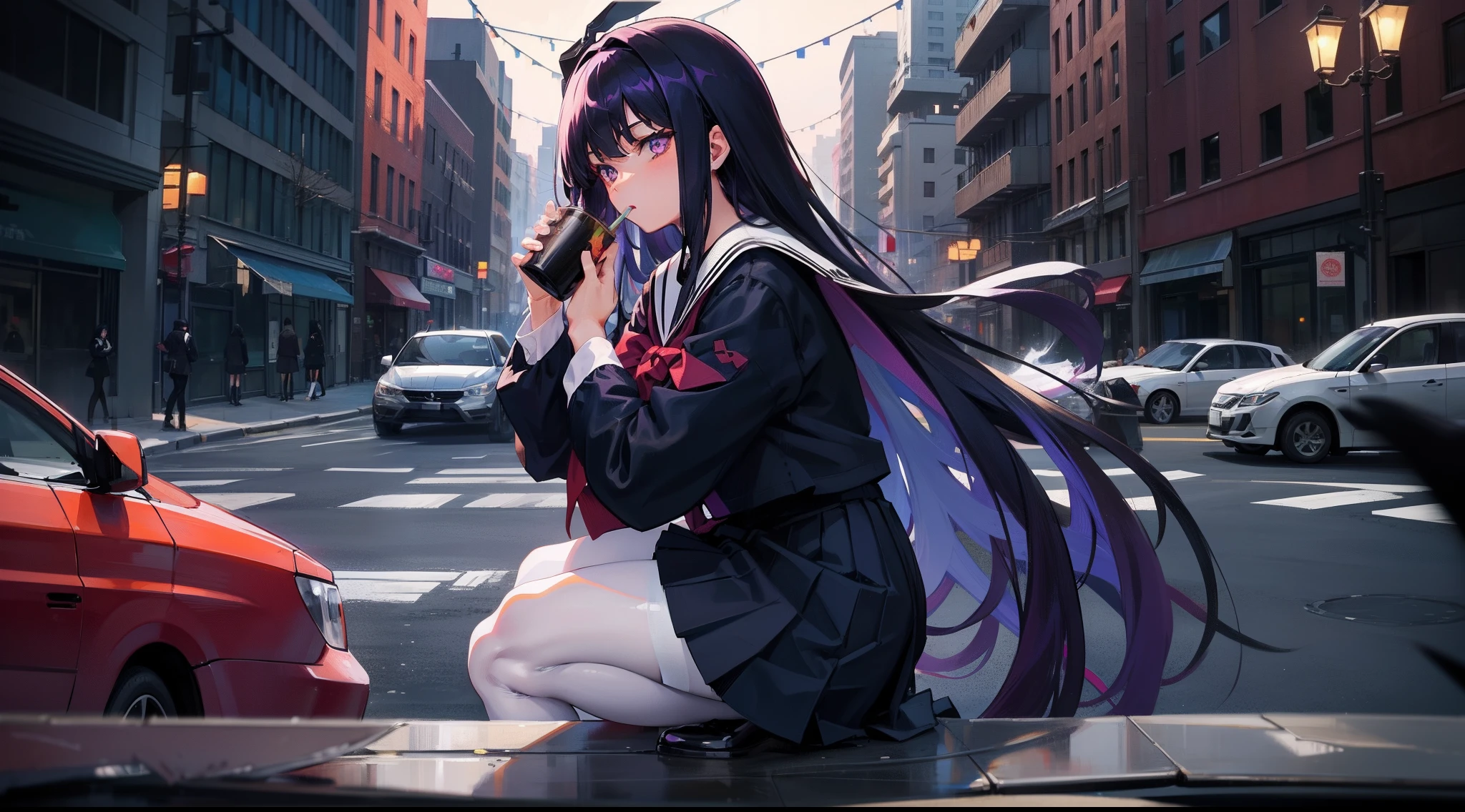 Long dark blue hair, Purple eyes, Black pleated skirt,Inside was a white sailor suit,Wearing black pantyhose, Plump body, An anime character, Only one person,Drinking brown drinks on the street