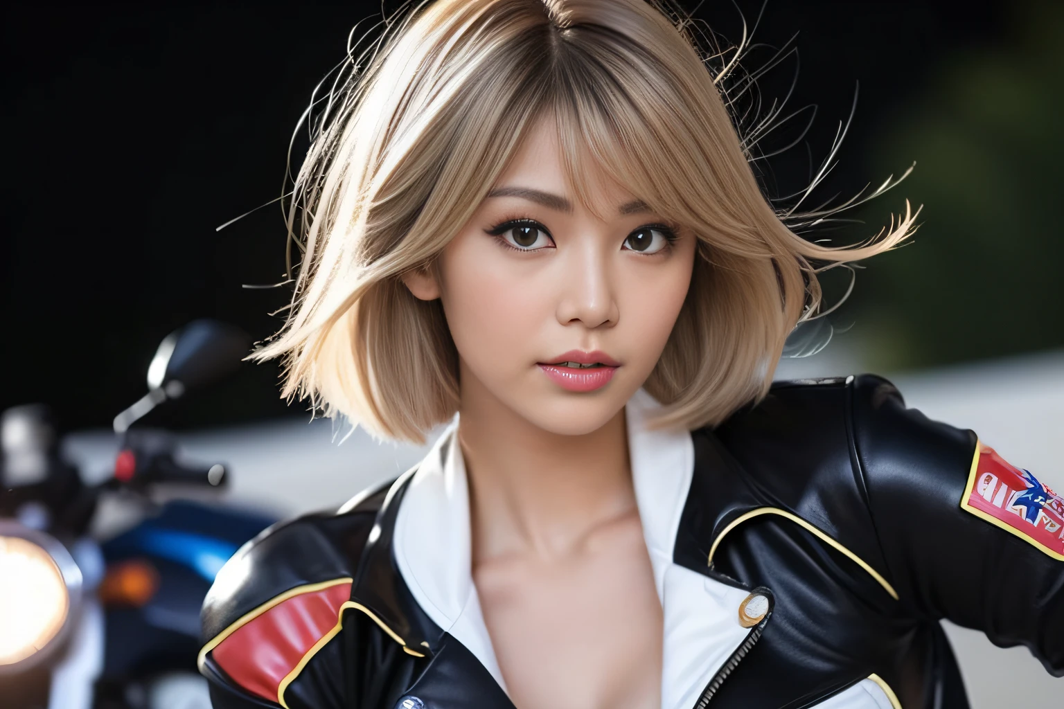 best quality, ultra high res, (photo realistic:1.4), (Japanese famous actress:1.2), very beautiful, kawaii, professional photograph, (gyaru:1.3), very shortcut hair, blond hair, beautiful girl, flat chest, small face, (dark taned skin:1.3), (gyaru makeup:1.2), realistic body, fair skin, shiny skin, looking at viewer, dynamic lighting, cinematic angle, (riding a motorbike:1.3), stadium jacket,