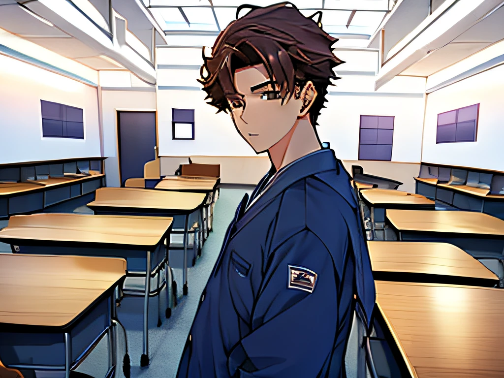 (A 20-year-old boy:1.4),(Wearing a sky blue school uniform:1.3),(In the classroom under learning:1.5)