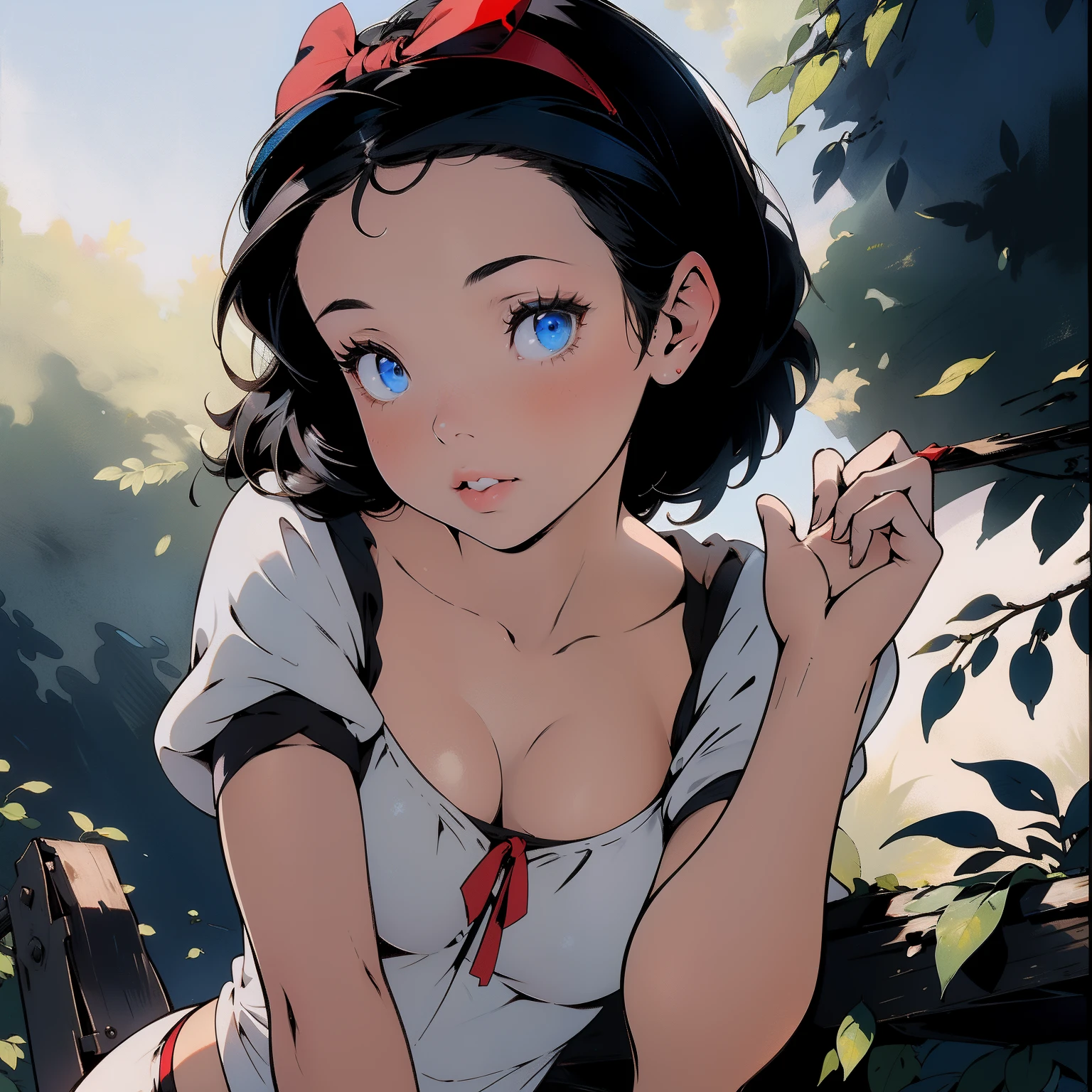 (masterpiece, best quality), beautiful girl,
snow white, lying, (detailed beautiful eyes) medium body shot, short black hair, red ribbon, big breasts, cleveage, white panties, ultra detailed blue eyes,