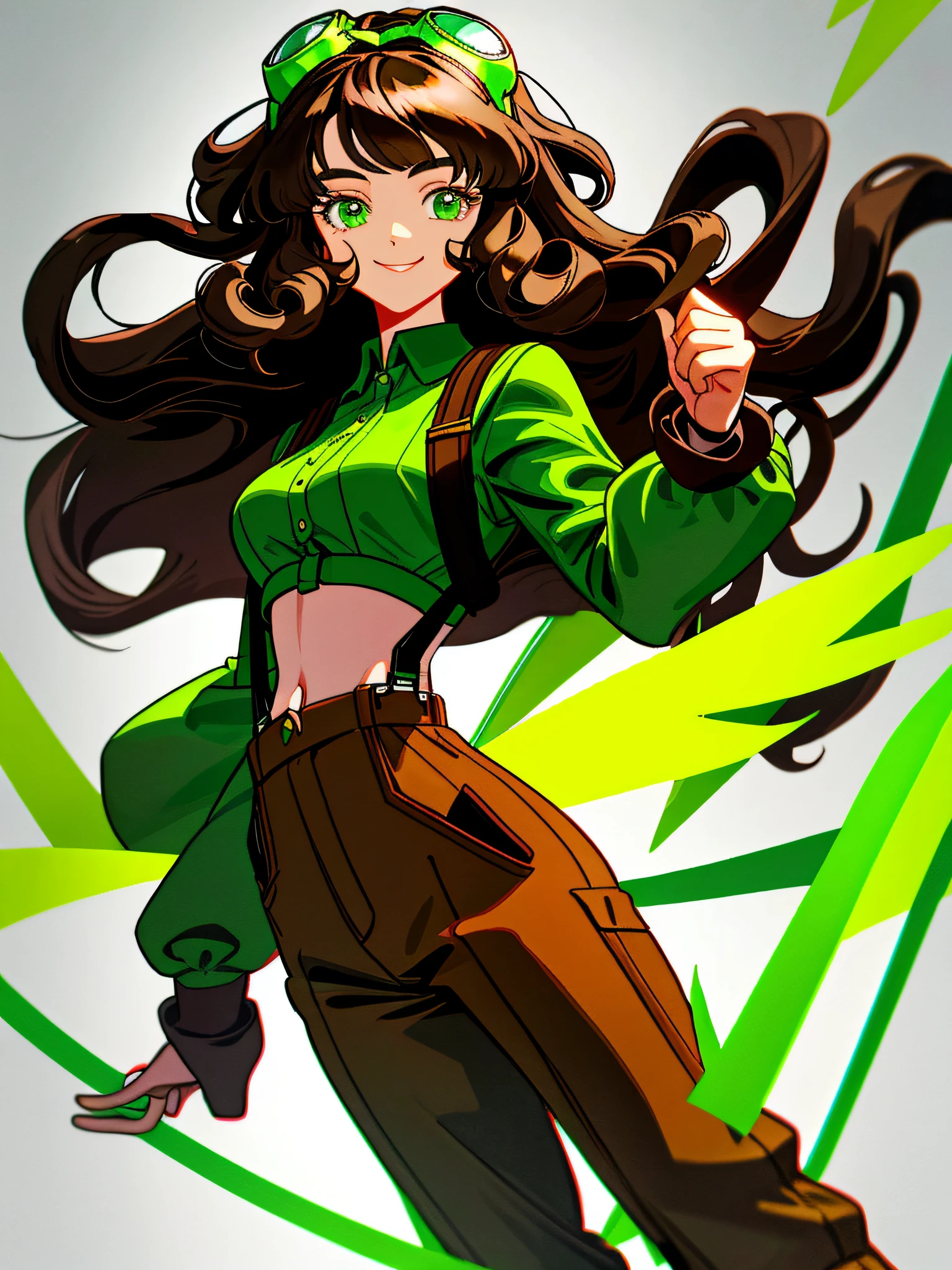 Sweet female character，Sweet smiling，black long curly hair，Long hair and waist，Bangs in the middle，Green eyes,White goggles on his head，in the style of unreal engine, A half body,Wear a green suspender crop top，brown trousers，White-colored skin，Scene in the lab