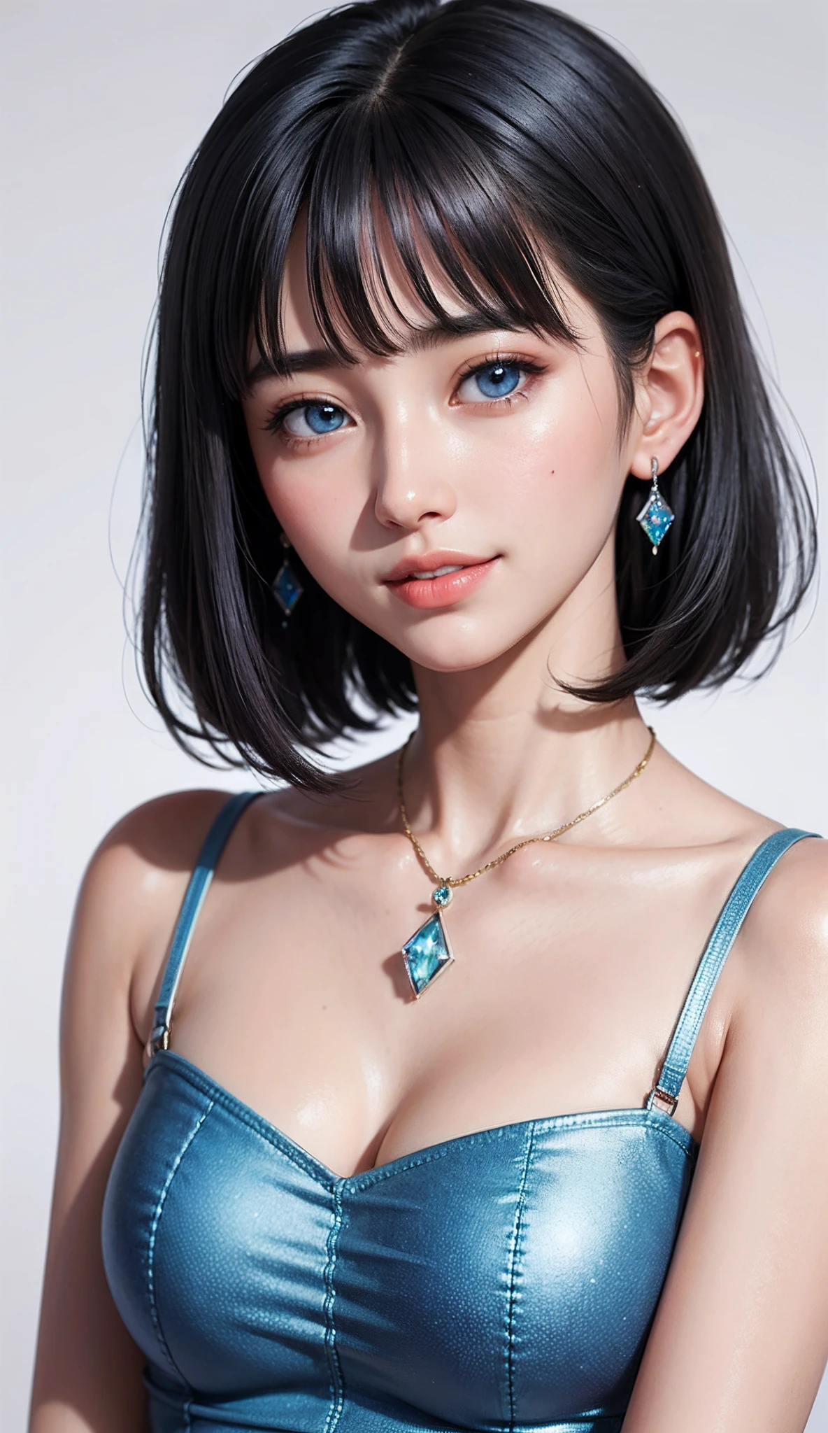 (high-level image quality、high-detail、hightquality、hight resolution、Draw everything in high resolution)、Intense crystal light blue eyes、small diamond-shaped earrings、Look firmly at the camera、Put your ears out、Beautiful short black hair、Beautiful very short beautiful hair with bangs、beautiful decollete、Beautiful 28 years old、lipgloss、long neck、Happy smile、Beautiful teeth alignment、Beautie、Pretty Woman