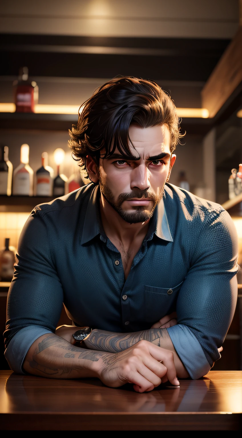 homem com cara de bravo no bar homem irritado bar ultra detalhado
