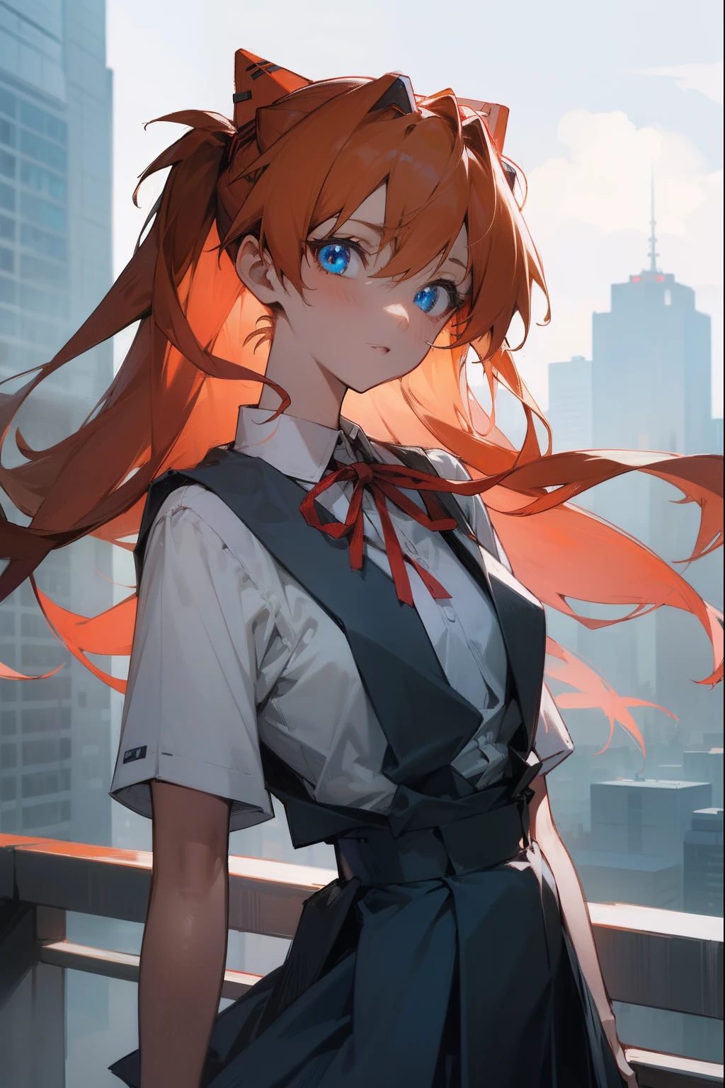 asukalangley, asuka langley soryu, blue eyes, hair between eyes, headgear, interface headset, orange hair,
BREAK red ribbon, ribbon, school uniform, skirt, suspender skirt, suspenders, tokyo-3 middle school uniform,
BREAK outdoors, city,
BREAK looking at viewer, BREAK (masterpiece:1.2), best quality, high resolution, unity 8k wallpaper, (illustration:0.8), (beautiful detailed eyes:1.6), extremely detailed face, perfect lighting, extremely detailed CG, (perfect hands, perfect anatomy),