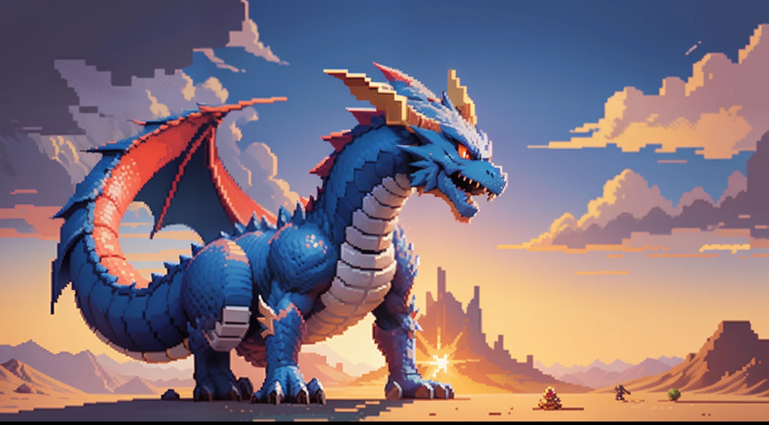 drak，Humanity，warrior，Dragon slaying，combats，A desert，blue-sky，baiyun，depth of fields，Dragon pixel art, 1 0 0 0 x 1 0 0 0 pixel art, pixel art sprite, videogame sprite, high quality pixel art, Pixel art vintage Digimon bitmap, For red and blue Digimon，Pixel uh, 32-bit pixel art, pixel art 8 - bit, pixelart style，Colors are vivid and highly saturated