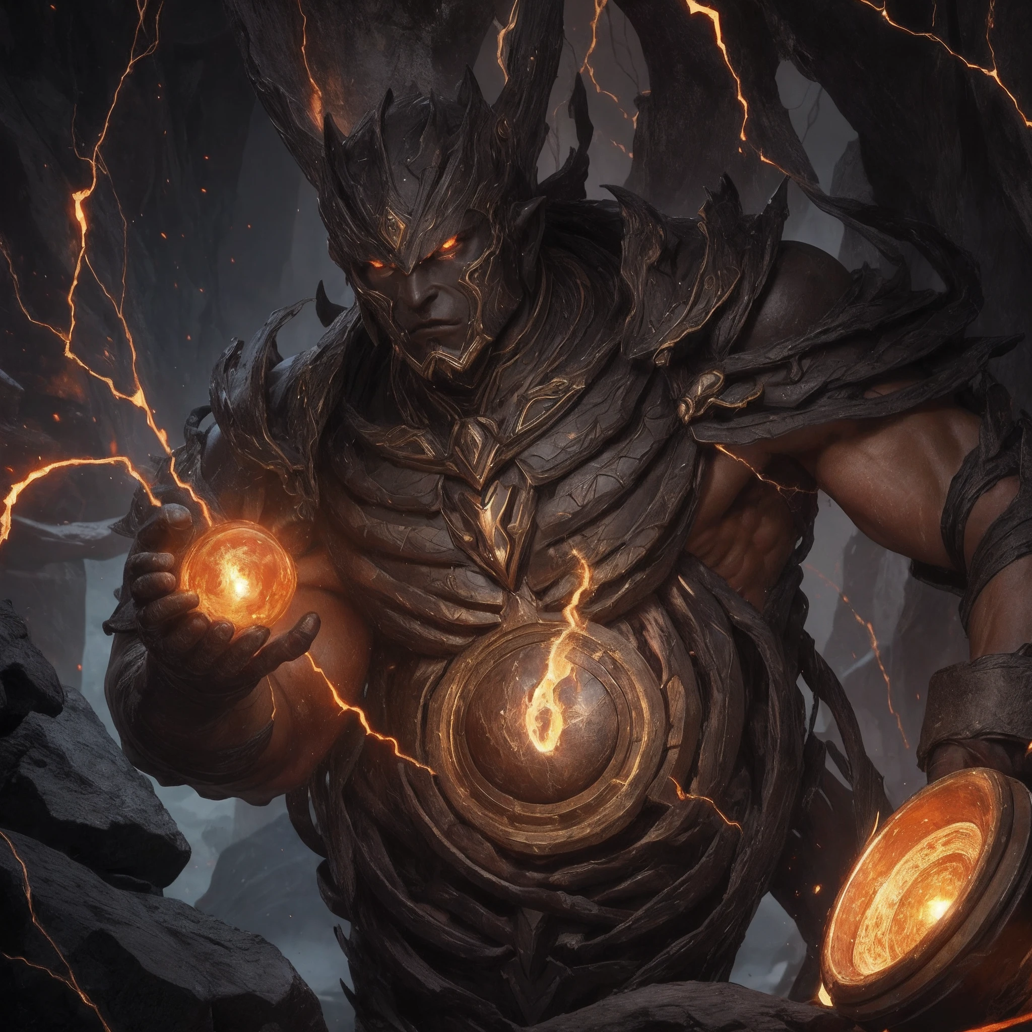 Giants made of black earth iron, their muscular forms light up with incandescent magma veins, and their eyes glow like polished bronze discs.