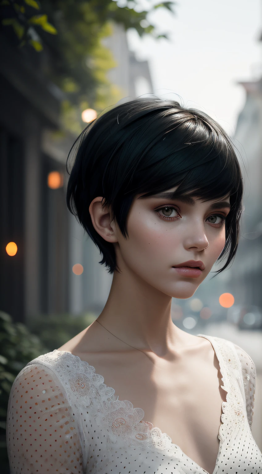 Beautiful [woman with raven black, pixie cut hairstyle] and sparks behind his, in the style of Alessio Albi, bokeh, [light white and dark orange], dotted, uhd image, serene faces