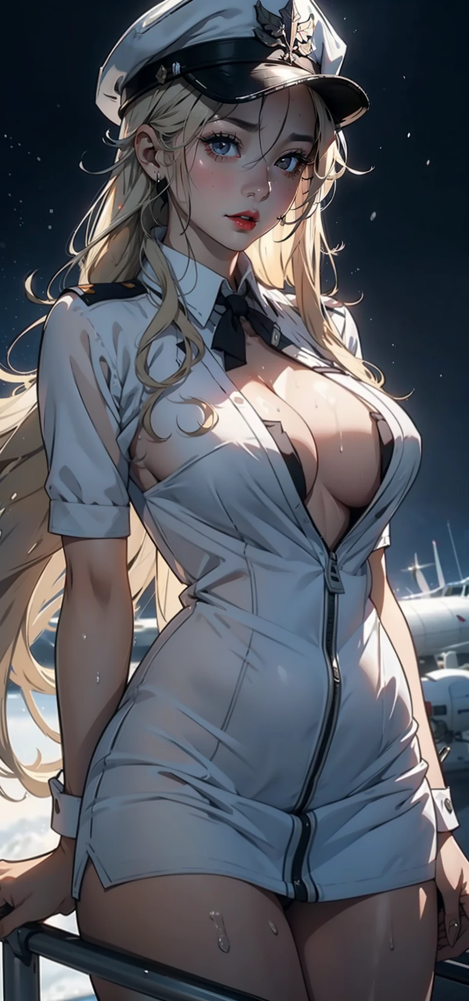 1womanl,33yo,熟妇,mature,extremely large bosom,Big breasts Thin waist,long leges,Raised sexy,Pornographic exposure, 独奏,Beauty contests,standing on your feet(Background with:aerodrome,snow mountains,Planes,at winter season,Blizzarding,Big snowflakes),in an airplane, She has long blonde hair,Long hair flutters in the wind,Redlip,dynamicposes,Sweat profusely,drenched all over the body,seen from the front, hair straight, mostly cloudy sky,(((tmasterpiece),(Very detailed CG unity 8K wallpaper),best qualtiy,cinmatic lighting,detailed back ground,beatiful detailed eyes,Bright pupils,(Very fine and beautiful),(Beautiful and detailed eye description),Black eyes,Redlip,ultra - detailed,tmasterpiece,)),facing at camera,(The upper part of the body),A high resolution,ultra - detailed),revealing breasts,Bare genitalia, Bulge,legs are open,sexyposture,Camel toes,Flushed complexion,Open-mouthed,frontage,American flight attendant,Boat-shaped cap(Wearing:White transparent flight attendant uniform,Black sock skirt,Bare breasts,Bare genitalia)