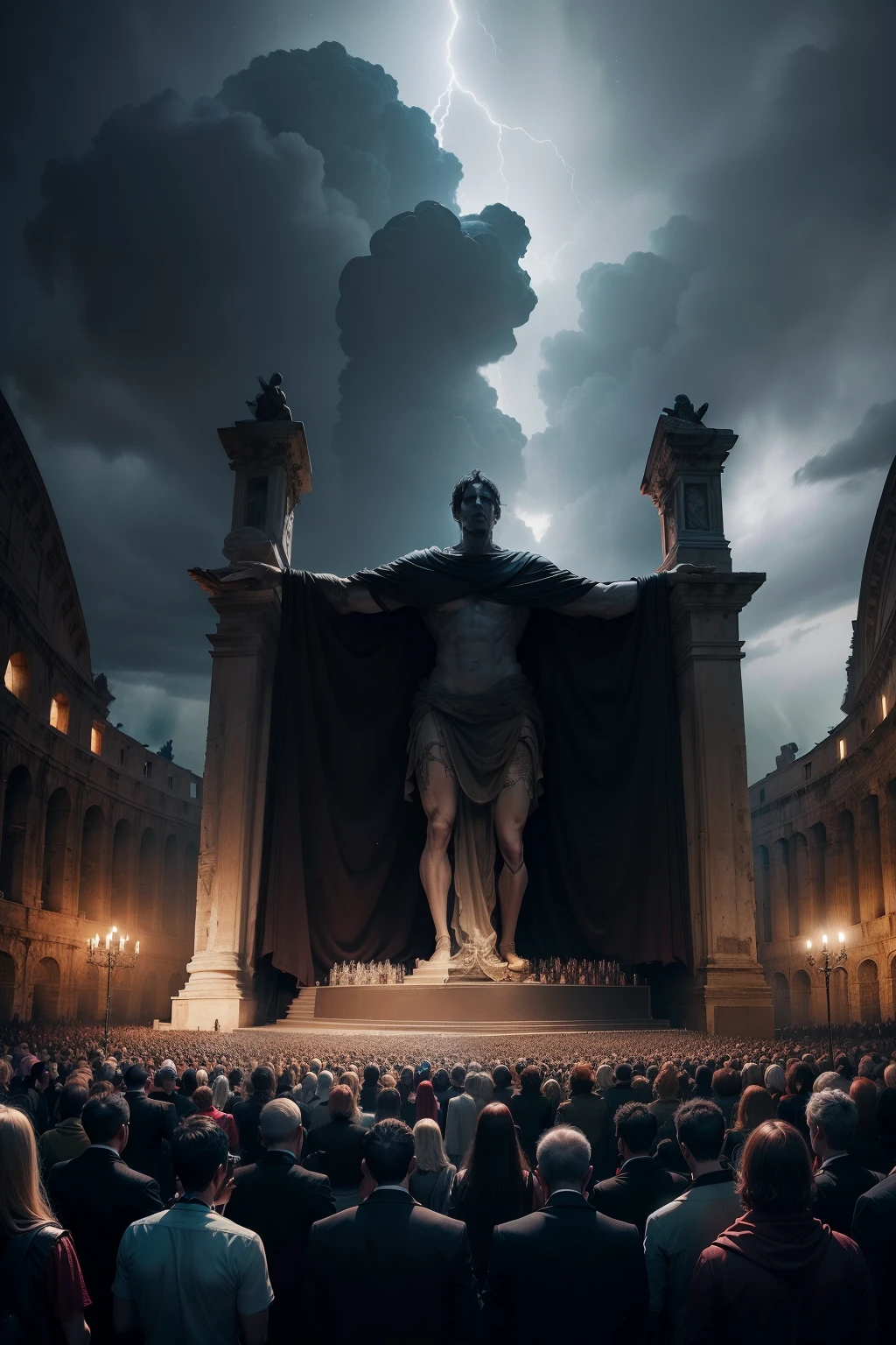 the antichrist in rome being worshiped by a crowd of thousands with a stormy night sky
