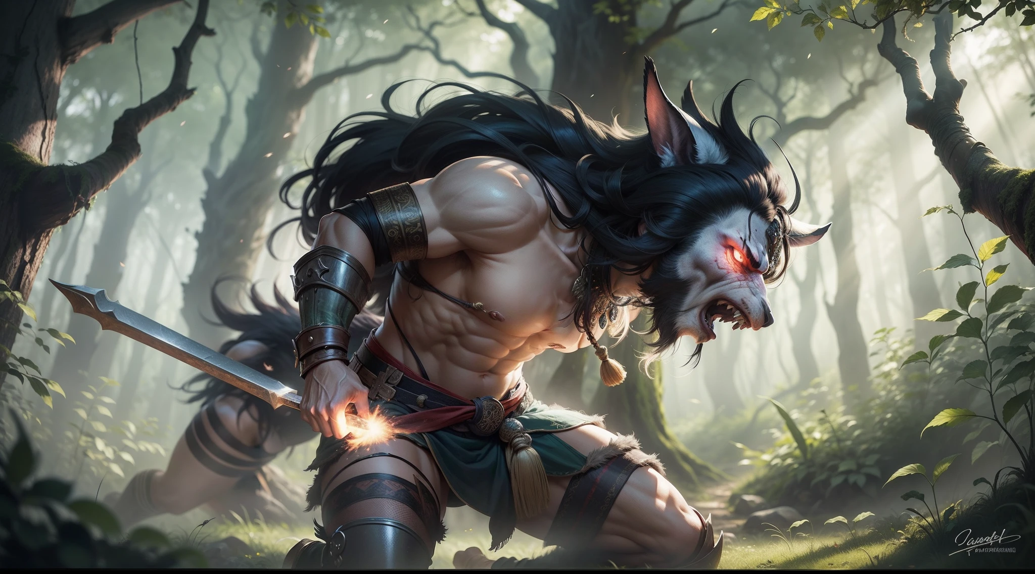 two ancient warriors fighting in a dark forest