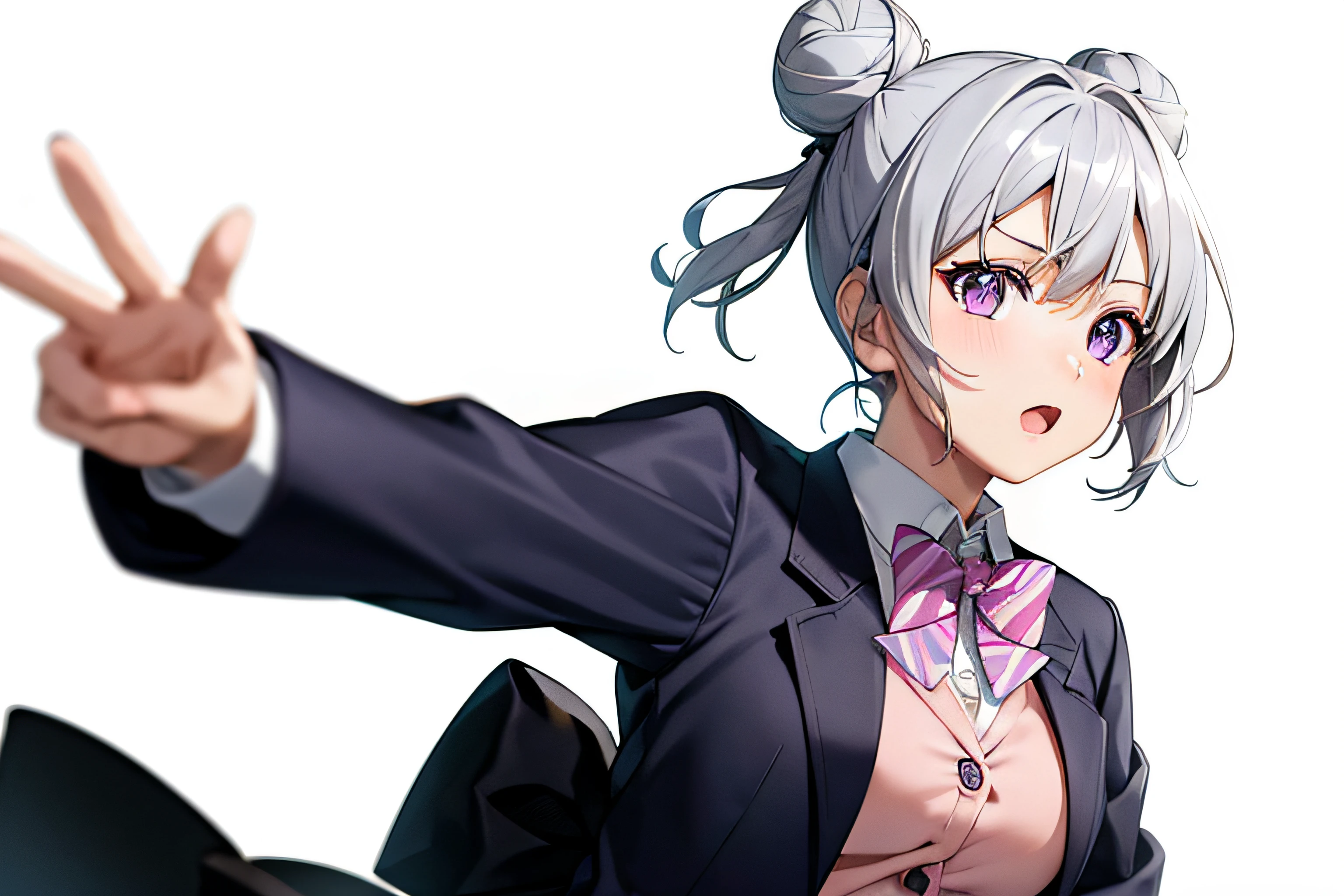 ((masterpiece)),((best quality)),Koharu Rikka, 1girl, Robot-like,double bun, hair bun, jacket, (solo:1.6), hair ornament, grey hair, purple eyes, bow, hairclip, short hair, bowtie, pink bowtie, blazer, pink bow, looking at viewer, grey sweater, blue school uniform, sweater, blue pleated miniskirt , (simple background:1.6), (white background:1.6) in style of hatsune miku, (cowboy shot:1.3),
(photorealistic, realistic,:1.1) dynamic angle, random pose,(✨🤟😁👍🙌✨❗🙏✨🙏✨🎼🎶👉😁👈:1.1),no background,