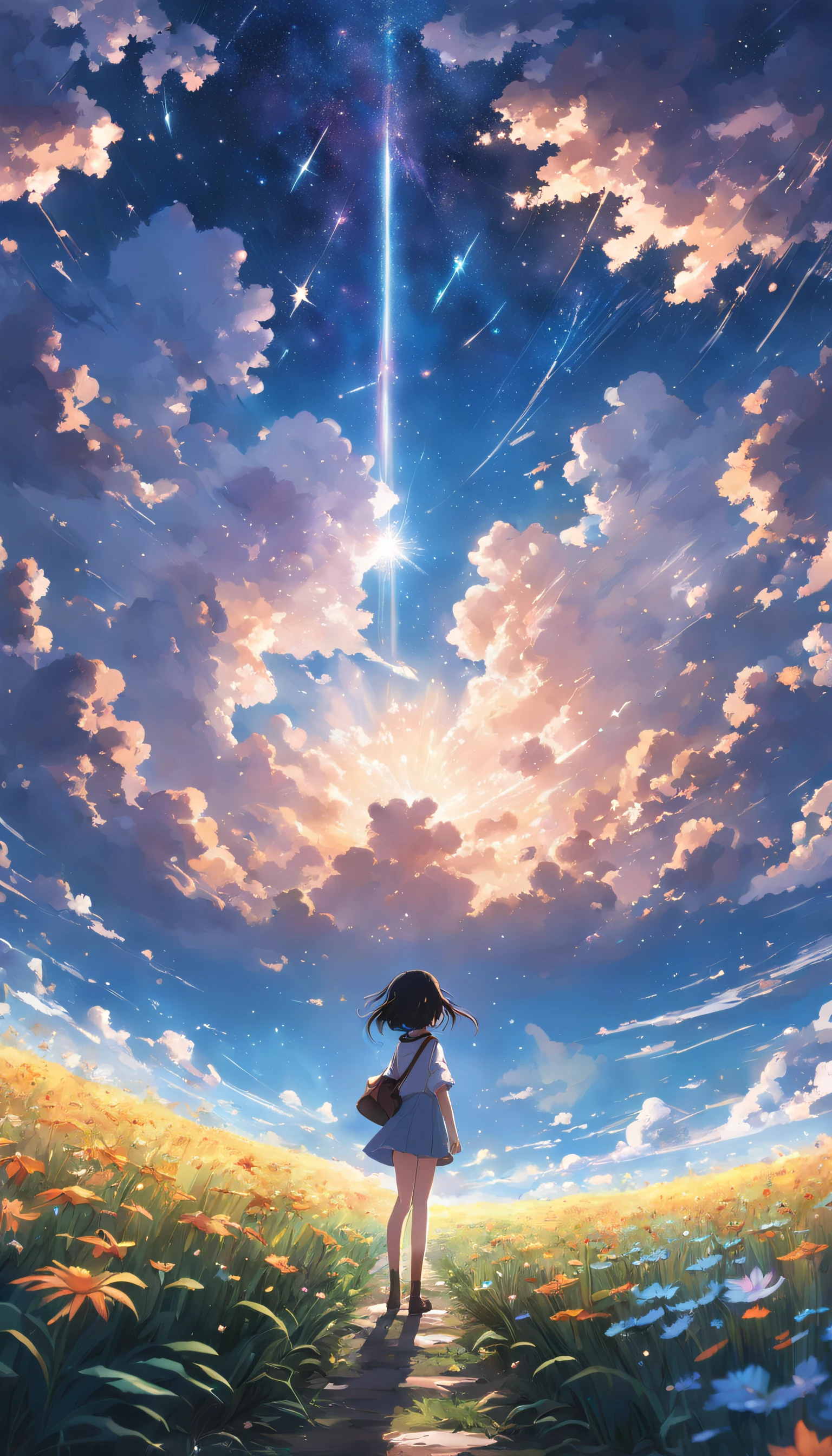 Makoto Shinkai, Expansive landscape photograph , (View from below,Displays the sky above and the clearing below), a girl standing on flower field looking up, ( meteors:0.9), (Starcloud:1.3), Far Mountain, Tree BREAK Production Art, (stars daytime sky:1.2), (Firefly:1.2), stars sky