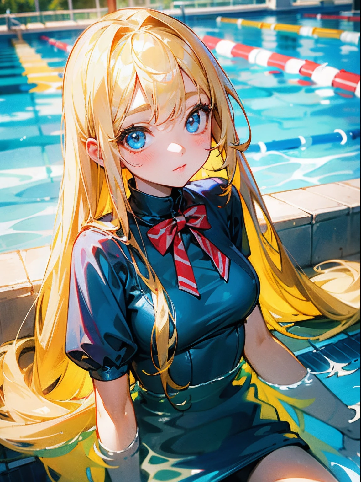 bright expression、photorealisim、top-quality、超A high resolution、a picture、Exquisitely beautiful Nordic girl photo、Detailed cute and beautiful face、(pureerosface_v1:0.008)、Beautiful bangs、alice in the wonderland、14years、Glowing white shiny skin、facial hairs、Bangs that extend to the face、bangss、Hair between the eyes、Super long hair、Attractive bright natural blonde super long straight silky hair、finer hair、Attractive glowing beautiful bright clear light blue big eyes、School swim wear、eye liner、Double eyelids、ample breasts、school swimming pool、in poolside、