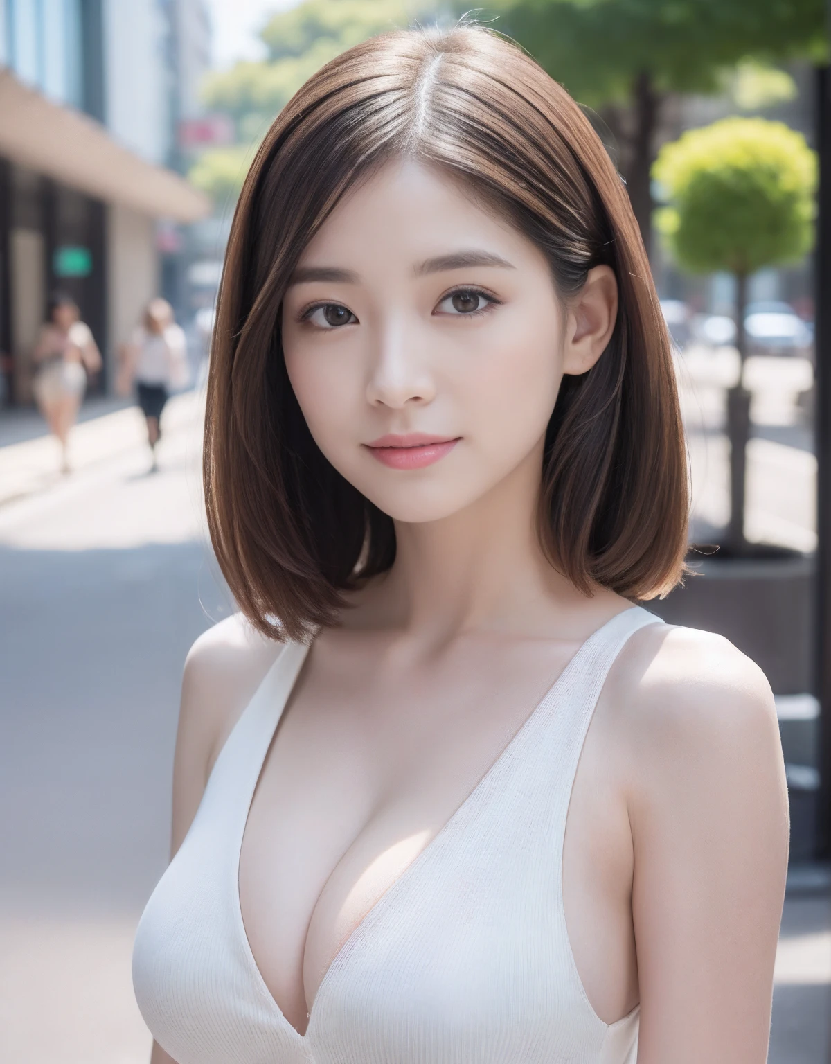 Best Quality, White skin, Real Human Skin, (Detailed face), Face Focus, Hyper Sharp Image, oval-face, pores, 超A high resolution, (8K, Raw photo, Photorealistic:1.4), 1girl in, slim, (largebreasts:1.37, cleavage), (Look straight at the viewer with calm, goddess-like happiness:1.2), (Lifter Gloss, Eyelashes, gloss-face, Best Quality, 超A high resolution, Broad lighting, Natural Shading), Teacher-style fashion, Sleeveless, Emerald Green A-Line Dress, Cityscape, Fashion Street Venue, arms behind back:1.3, Barry's Background, Bokeh, depth of fields, Cowboy Shot:1.3,