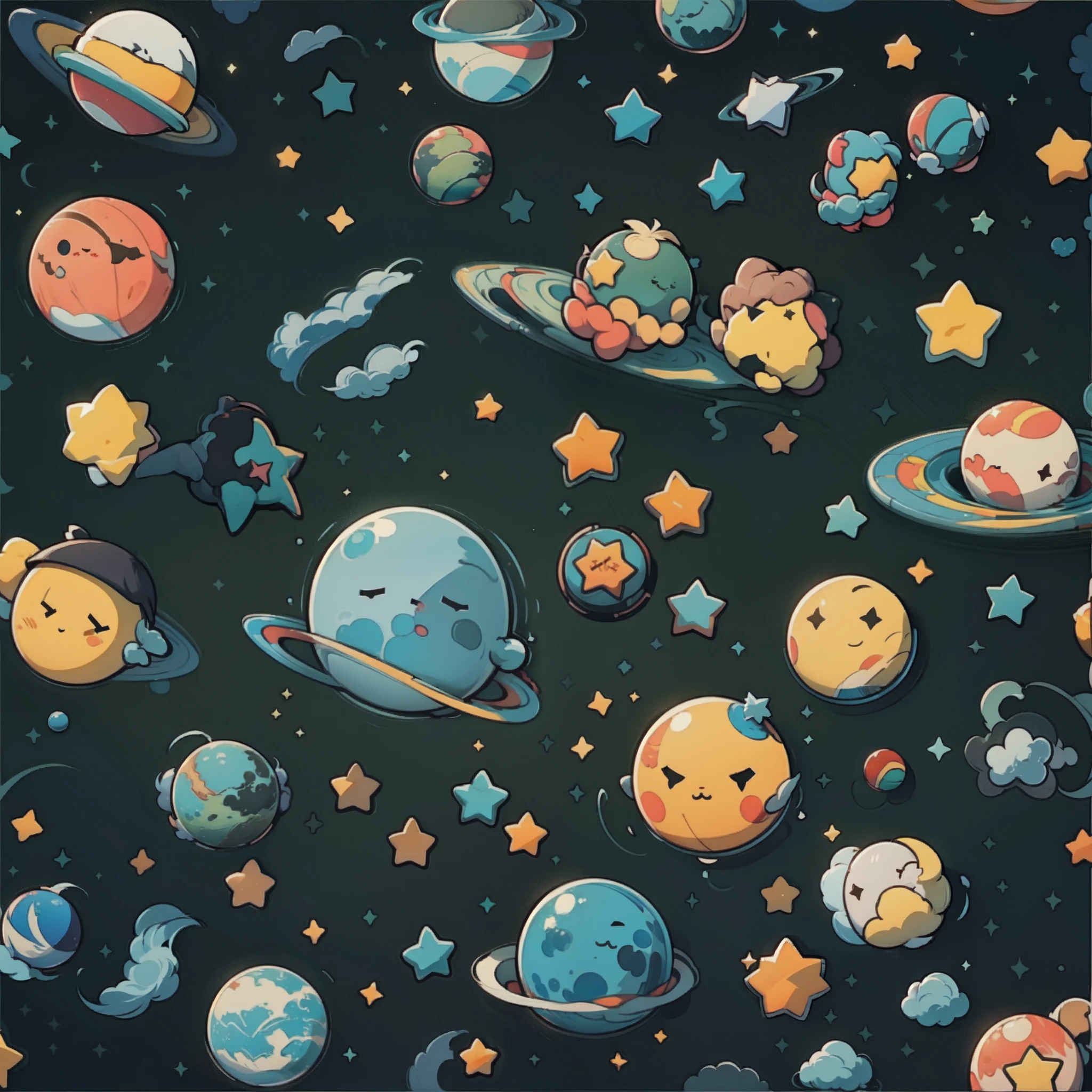 ((sticker style)), stars, planets, kawaii, simple background, dark background