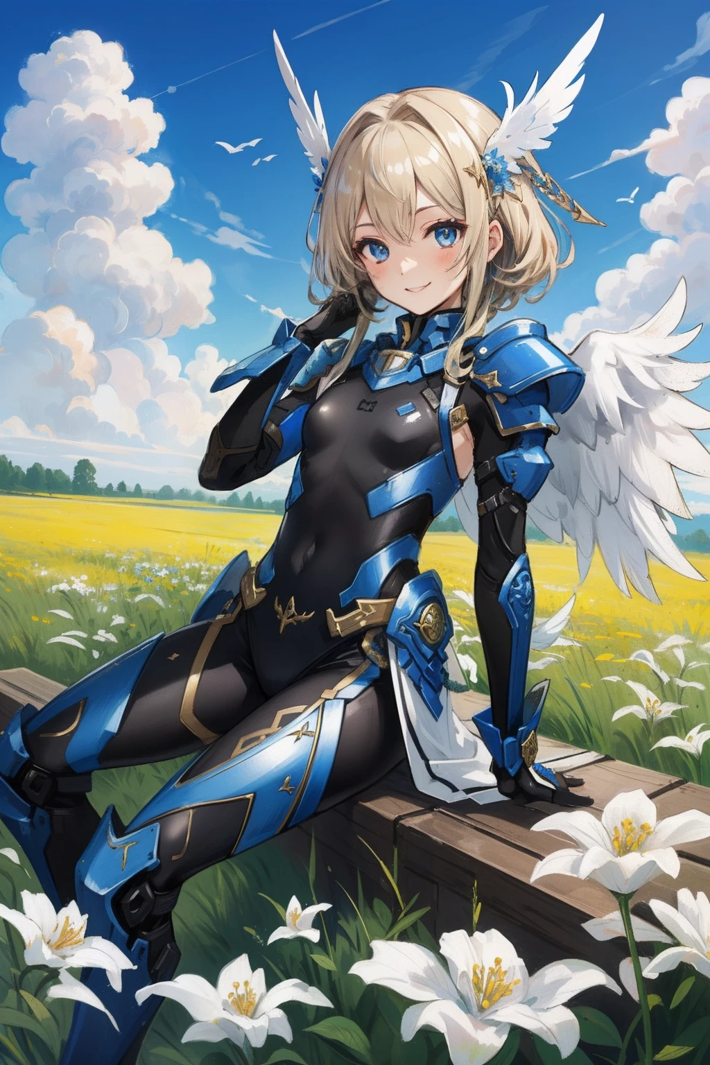 (master piece, Best Quality), Intricate details, valkyrie, (((friendly smile))), Hand up, Looking at Viewer, Feather Headgear, Flower meadow, (((flat breast))) on top of the clouds, sitting
1 girl in, Solo, Portrait, ash Blonde Hair, drooping eyes, Single Thigh, Independent Single Sleeve, gloves,
mecha musume, bodysuit, Reinforced Suit, Mini Feather Wings, pantyhose, full armor, flower decoration, equip sword,