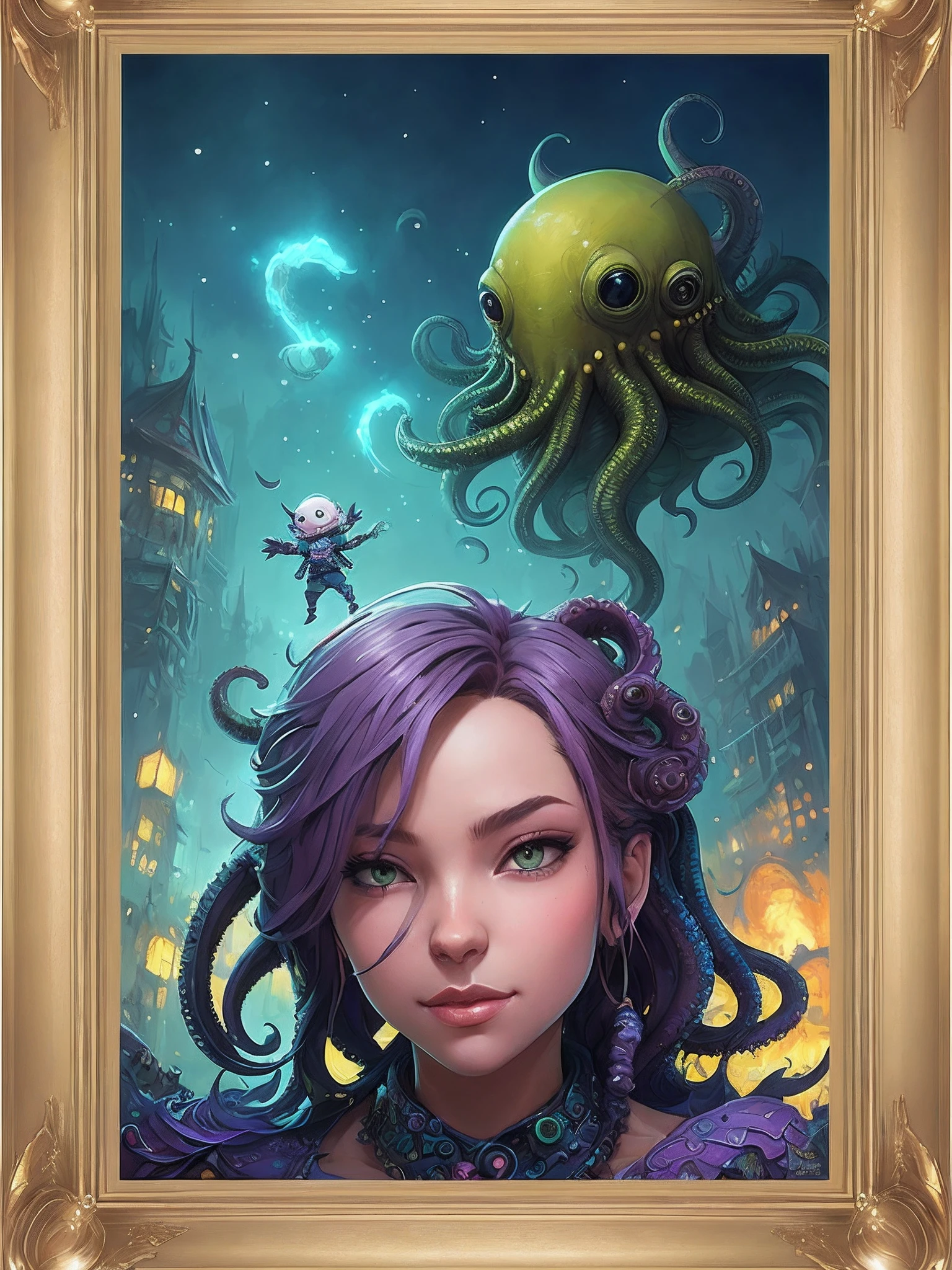 "Perfect flawless Photo of a chibbified cthulhu! Gold frame! Fantasycore artwork by Android Jones, Jean Baptiste monge, James Gilleard, Erin Hanson, Jeremy Mann, Jon Foster :: maximalist highly detailed and intricate professional photography :: perfect composition :: 8k 16k resolution concept art :: triadic colors :: Unreal Engine 5 :: cgsociety :: octane photograph"