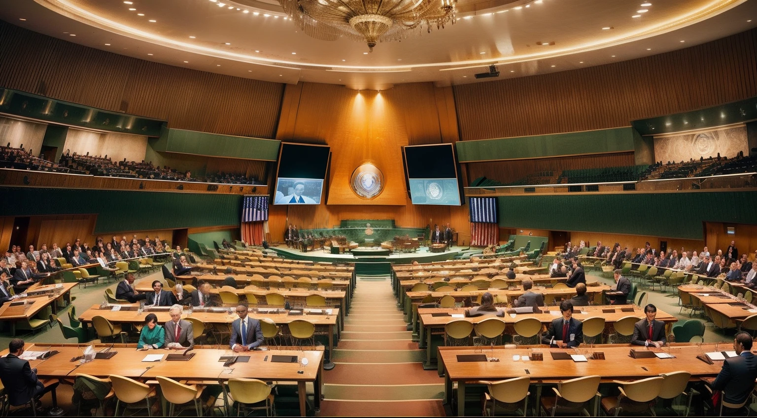 Men speak in the United Nations Chamber,Business suit,serious