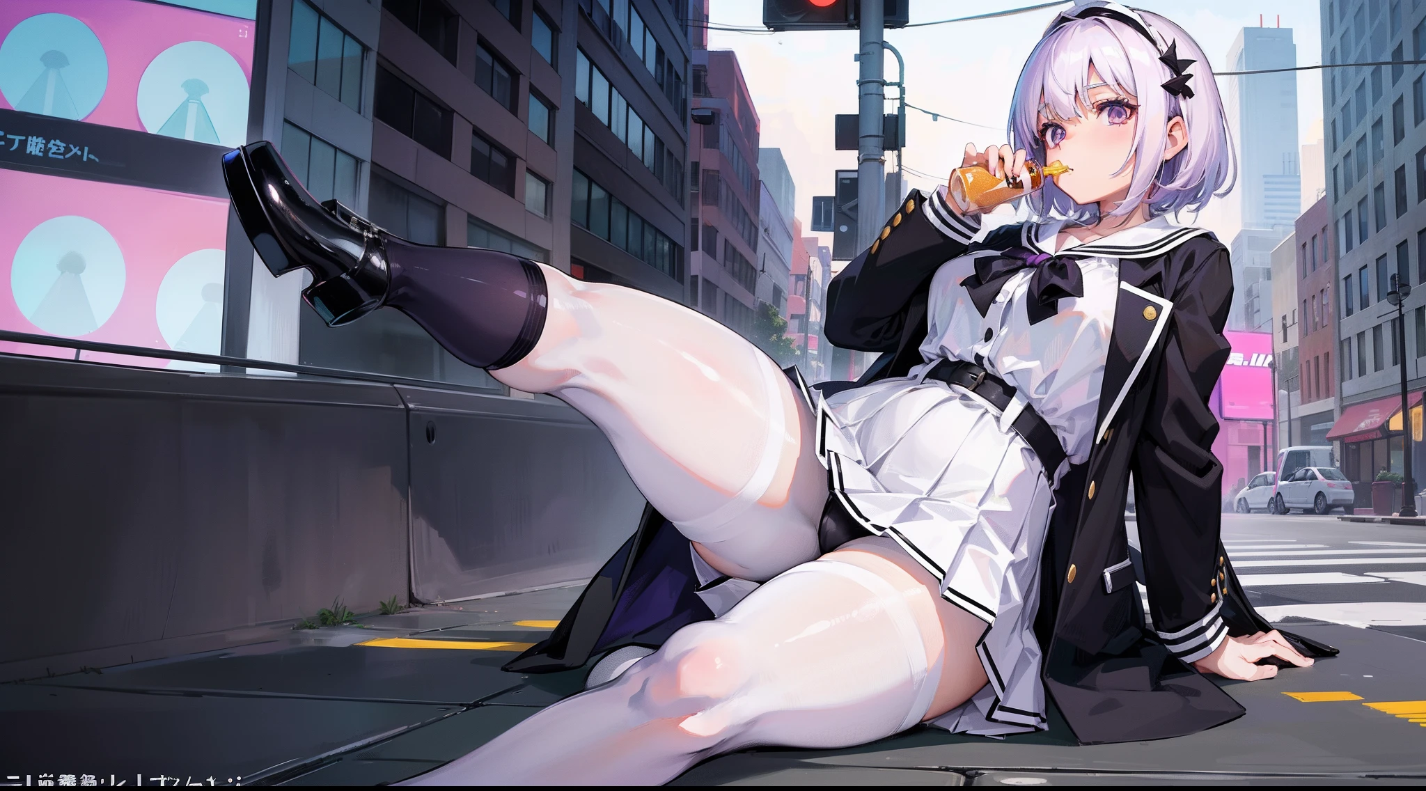 with short white hair, Purple eyes, Black pleated skirt，Inside was a white sailor suit，Wearing black pantyhose, Plump body, An anime character, Only one person，Drinking brown drinks on the street