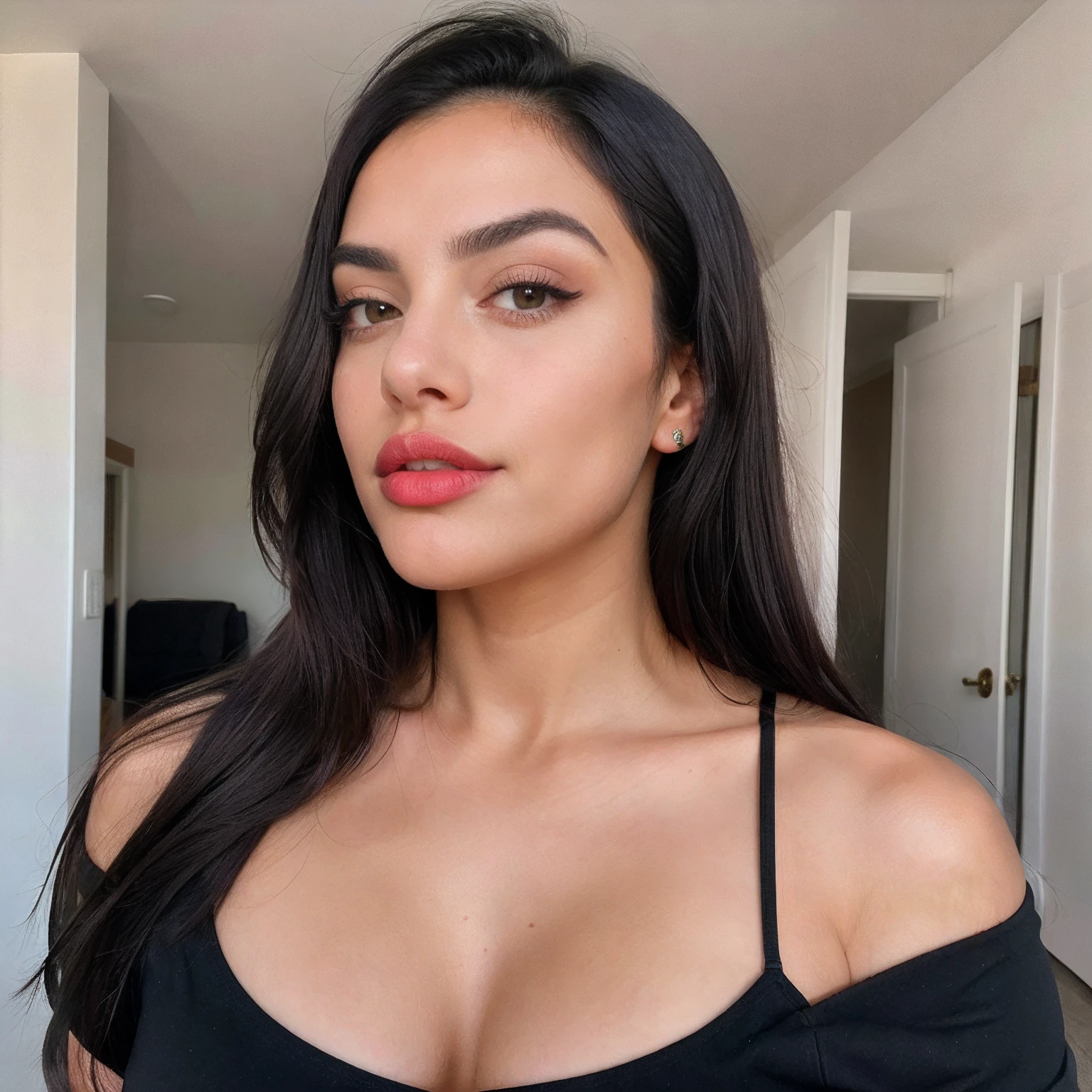 a close up of a gorgeous 25-year-old woman from brazil, long black hair, wearing spaghetti strap shirt, athletic, in shape, fit, silicone breasts, a screenshot by Alexis Grimou, instagram, hurufiyya, thick lips, huge lips, sexy lips, large lips, cosmetically enhanced lips, huge juicy lips, violet myers, thick red lips, small nose, large round dark eyes, arched eyebrows, expressive face, exaggerated features, preciosa, guapa, attractive