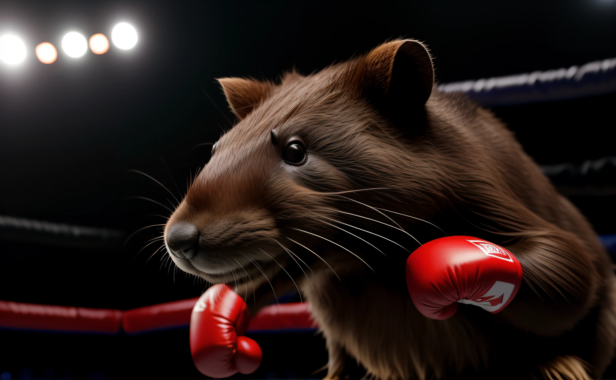 una sola nutria en ring de boxeo, realista, RAW, super detallado, fondo difuminado, iluminacion cinematografica, pelaje suave, pelaje detallado, pelaje realista