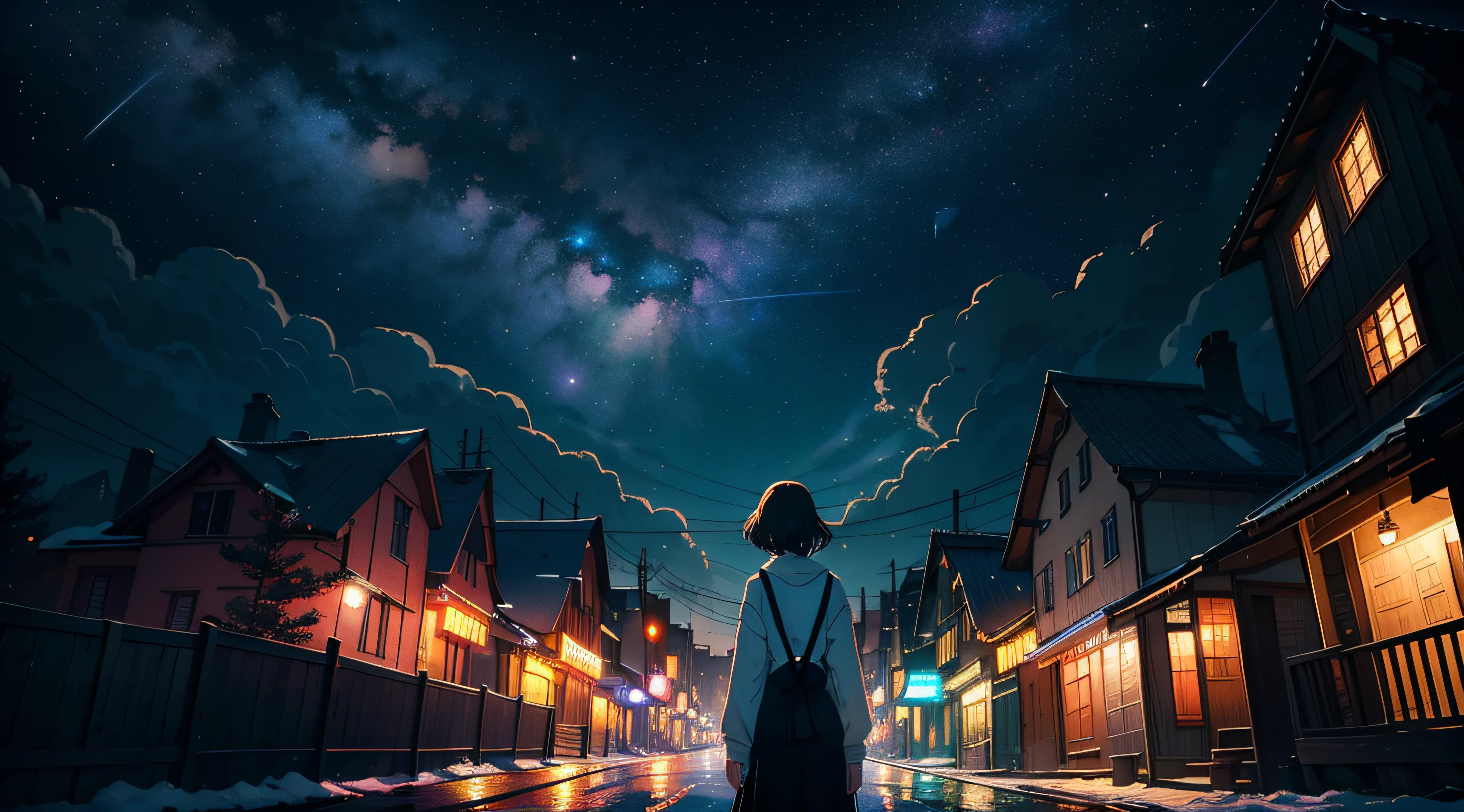 This is the story of a girl looking up at the stars, There is a bustling city below. The perspective focuses on the girl, A wide-angle background captures a wide field of view. The back of a trendy girl,She looked up at the colorful cloudy sky. Under the stars are rows of brightly lit modern buildings suspended in the air. The girl stands in the middle, Looking Up The Sky, Old markets and tall wooden houses are illuminated by countless lights. Above the stars, A huge golden cross-shaped starburst effect appears, Magnificent scenes accompanied by the rotation of golden clouds and golden meteors. The overall presentation is a colorful glowing nebula,The rendering has a starlight effect. This is a masterpiece of celestial animation, With the highest image quality and special attention to detail. It is a flawless work of art,There are a lot of emphasis lines, Reminiscent of the style in Makoto Shinkai's work. A gradient color ramp arranged in a pattern. --AR 1250:2500 --Q 5 --Nigi Information
