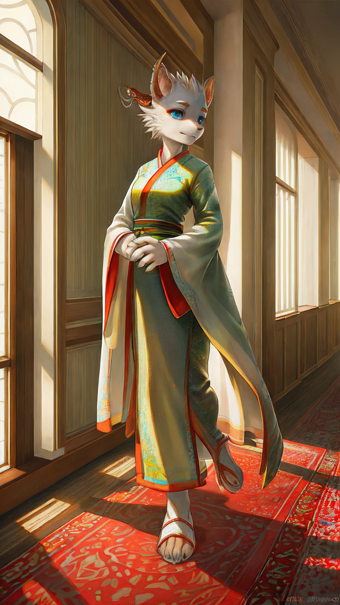 Bionic dragon,female,White Hanfu,sandals,Children,Standing on the carpet in the hotel,HD graphics,Detailed and realistic,high detal,high qulity,photo-realistic,photorealistic eye,Detailed paws,Clear eyes,Masterpiece artwork,Five-fingered hands,top-quality,32k,hyper HD
