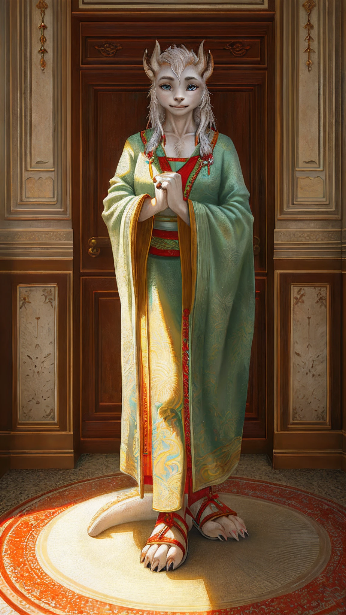 Bionic dragon，female，White Hanfu，sandals，Children，Standing on the carpet in the hotel，HD graphics，Detailed and realistic，high detal，high qulity，photo-realistic，photorealistic eye，Detailed paws，Clear eyes，Masterpiece artwork，Five-fingered hands，top-quality，32k，hyper HD