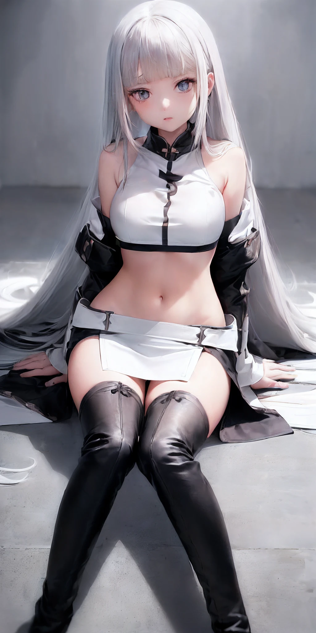 [monochromes:Subdued Color:0.6] theme, (masutepiece), (Best Quality), , Light Layer, Lustrous skin, (intricate-detail , taut clothes, ),  White hair, Long hair, hime-cut, Blunt bangs, side locks, 、Blue eyes, ,, (maturefemale:1.1),    (Simple background:1.1),(((((Race Queen、off shoulders、Navel Ejection、a miniskirt、long boots、Beautiful breasts、Long hair on the floor)))))、frontage、low angles、Front Angle、symmetry、large boob、Thick lip、Lustrous lips、(((((facing front、Turn your body to the front、Front view、Front face)))))、