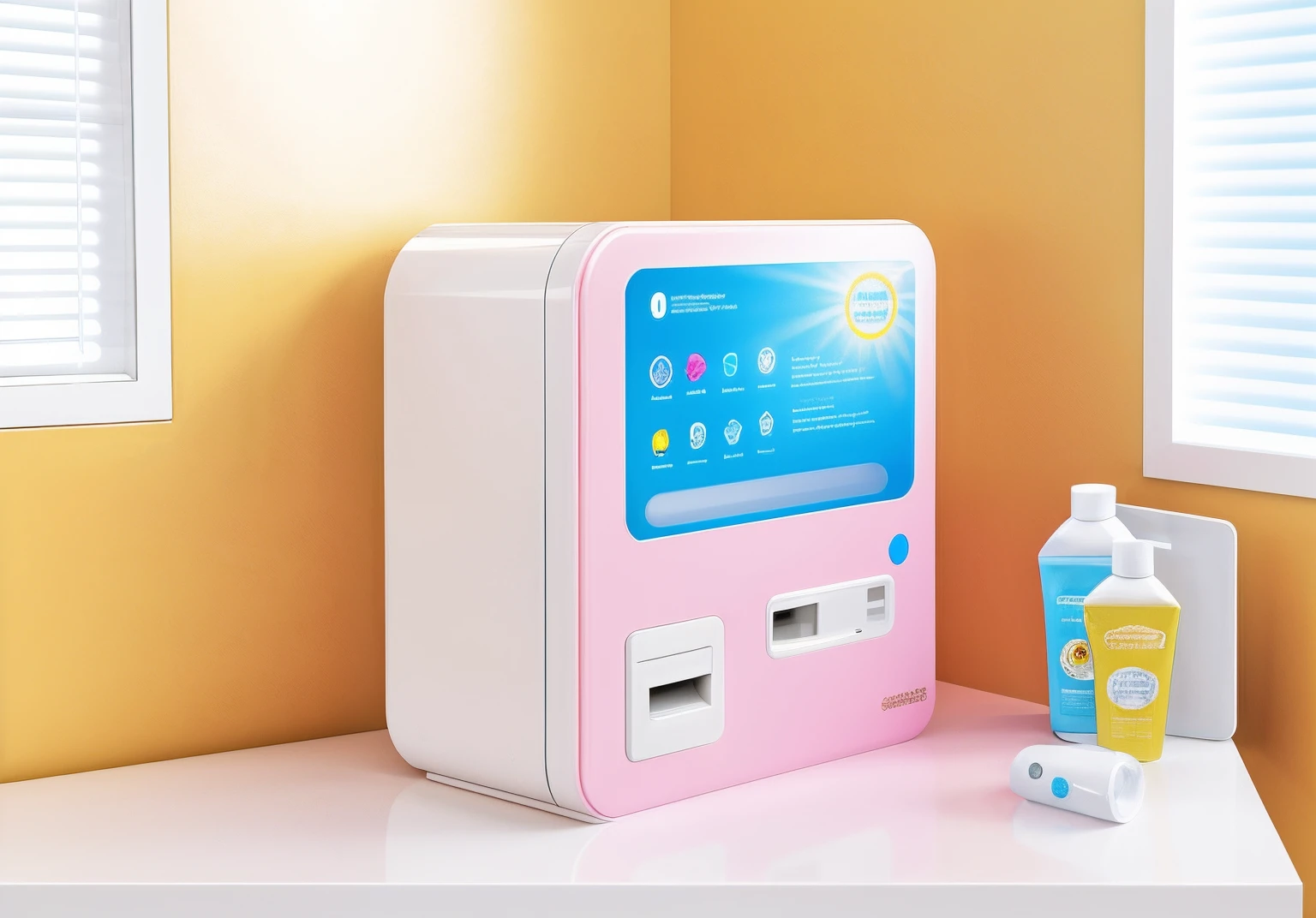 Close-up of mother and baby products with display，For example，Elements of maternal and baby products，vending machines，sci-fi vending machine，3D product render，Some are more specific, Descriptive scenarios may appear on the computer，por exemplo, Someone went to the vending machine to buy some maternity and baby products and went back，or describe the purchase，Some combinations of foil scene elements， Product rendering，Stylistic references attract attention，applied，Represents health，Safety，Elements with a strong visual sense，There are reasonable ones on the fuselage, For example, Someone goes，Buy contact lenses, etc，The overall color is mainly white and light pink，Color distribution is 50 each%,Wish there were more elements，A little diversified，Fewer colors，No portraits