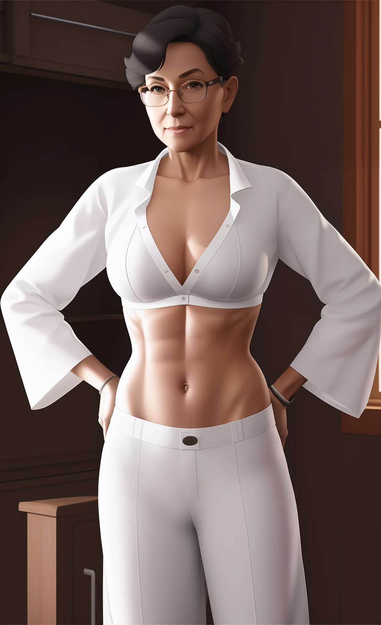 spectacled mature elderly older nerdy woman in a skimpy midriff-shirt and very low-rise pants ready to faceslapping, 3 d render of a full female body, brazenly unbuttoned clothed. painting of sexy, karate master lady, unglued lady , chubby body, in succinct clothes, digital art of an elegant, mid body portrait, fully body portrait, normal body with sexy belly, gordon freeman as a woman