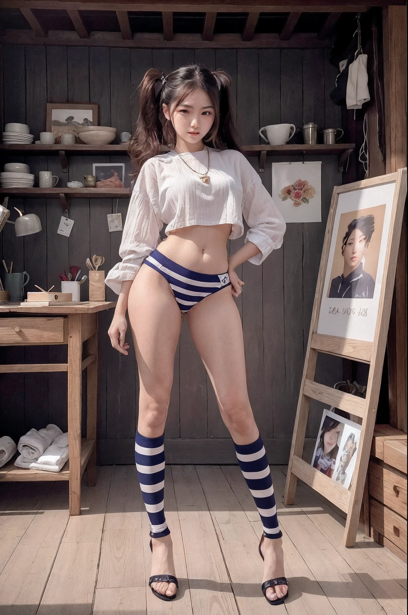 There is a woman posing in a short skirt and striped stockings, Korean Girl, attraktive Pose, a hyperrealistic schoolgirl, pretty face with arms and legs, IG-Modell | Artgerm, hyperrealistic schoolgirl, Korean artist, Japanisches Modell, sexy Pose, koreanische frau, casual pose, Jaeyeon Nam, gorgeous young korean woman, photo of slim girl model