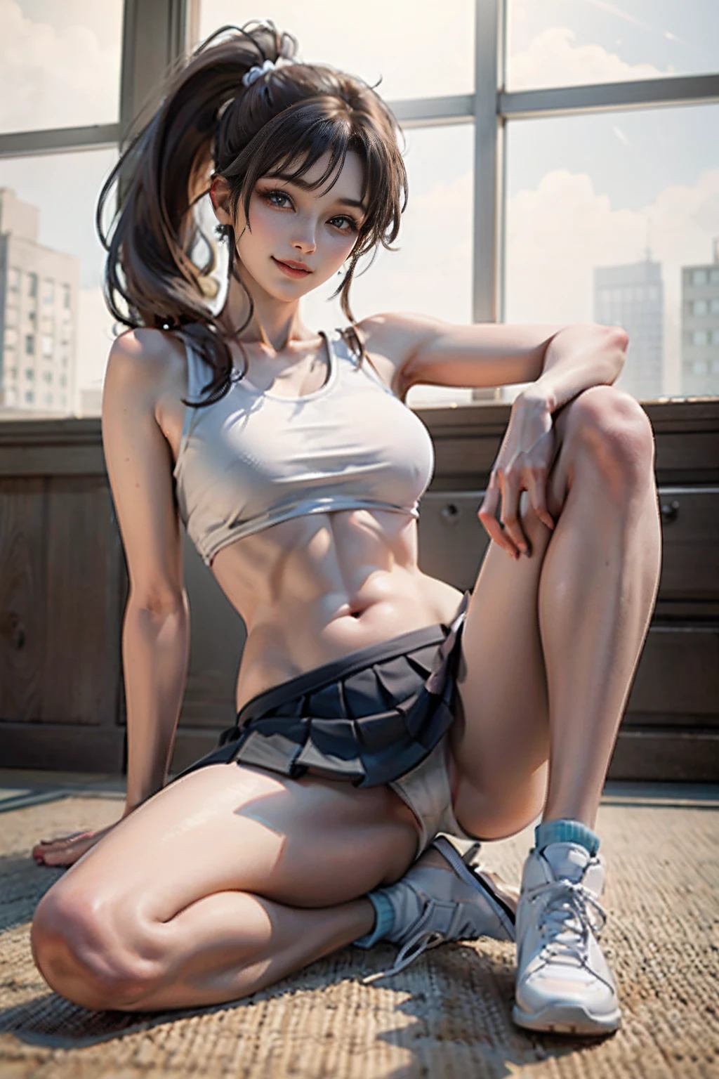 (8K、Raw photography、top-quality、​masterpiece:1.2)、(realisitic、Full body posture、a miniskirt 、wearing miniskirt、Open her legs,poneyTail、The legs of the miniskirt are open to the left and right、White underwear、Photorealsitic:1.37)、Sit up、Respectable hips、Denim Mini Skirt、Beautiful ass、poneyTail、Open legs,Tank Tops、Beautiful waki、Beautiful belly button、a miniskirt、Sit up、sit,Open legs,White panty、White shorts、、Panchira、ultra-detailliert、超A high resolution、女の子1人、see the beholder、beautifull detailed face、A smile、Constriction、(Slim waist) :1.3)、The shirt、Beautiful detailed skin、Skin Texture、floated hair、profetional lighting、