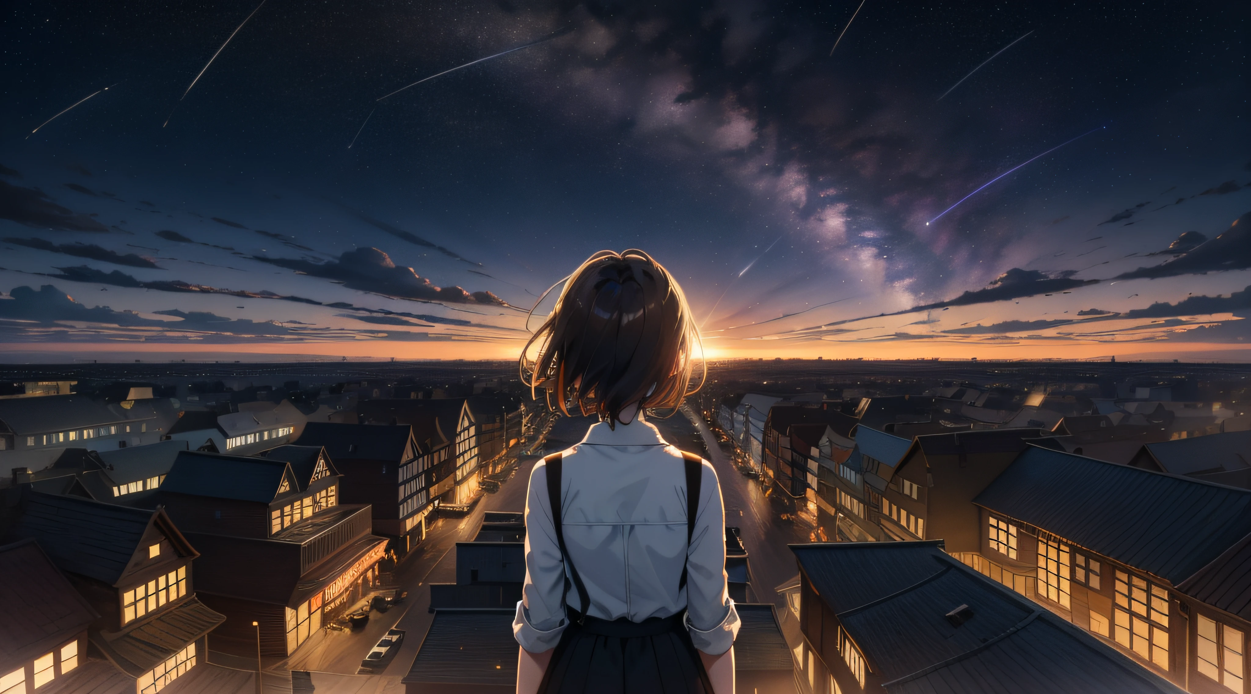 This is the story of a girl gazing at the stars, There is a bustling city below. The perspective focuses on the girl, A wide-angle background captures a wide field of view. The back of a fashionable girl，She looked up at the colorful cloudy sky. Under the stars are rows of brightly lit modern buildings suspended in the air. The girl stands in the middle, Looking Up The Sky, Old markets and tall wooden houses are illuminated by countless lights. Above the stars, A huge golden cross-shaped starburst effect appears, Accompanied by a magnificent scene of swirling golden clouds and golden shooting stars. The overall presentation is a colorful glowing nebula，The rendering has a starlight effect. This is a masterpiece of celestial animation, With the highest image quality and special attention to detail. It is a flawless work of art，There is a lot of emphasis on lines, Reminiscent of the style in Makoto Shinkai's work. A gradient color ramp arranged in a pattern. --AR 1250:2500 --Q 5 --Niji
 Information