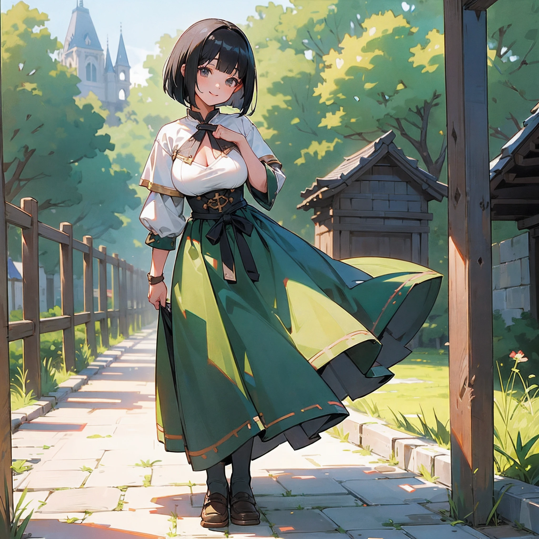 With the best image quality、Teenage girl standing alone outdoors。In high resolution、Beautiful fine details、tranquil atmosphere。((Black Hair Bob Hair))、Cute smile。(((breasts are large)))、I don't have anything in my hands、realistic hand、Medieval European national costume with short sleeves、Medieval European Streets、Leather shoes。