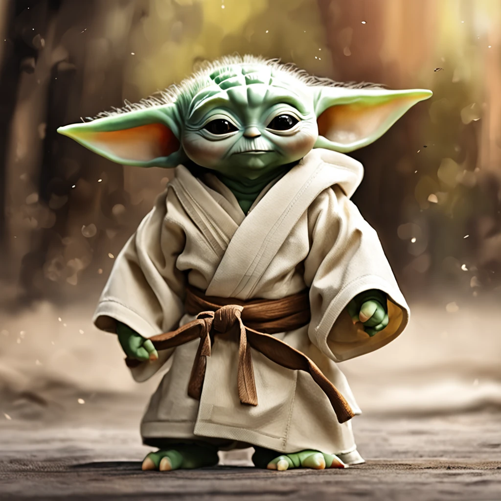 (adorable  Yoda:1.2) posando en taekwondo, vestido con su dobok