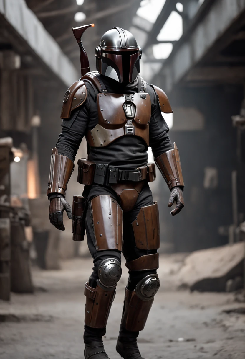 Photorealistic, The Mandalorian, Pure black armor，Bring a helmet, with a jet pack, full body shot shot, Futuristic port interior, space ship,steampunc,Biopunk style,cinematic Film still from,half-mechanical，futurism,Cinematic