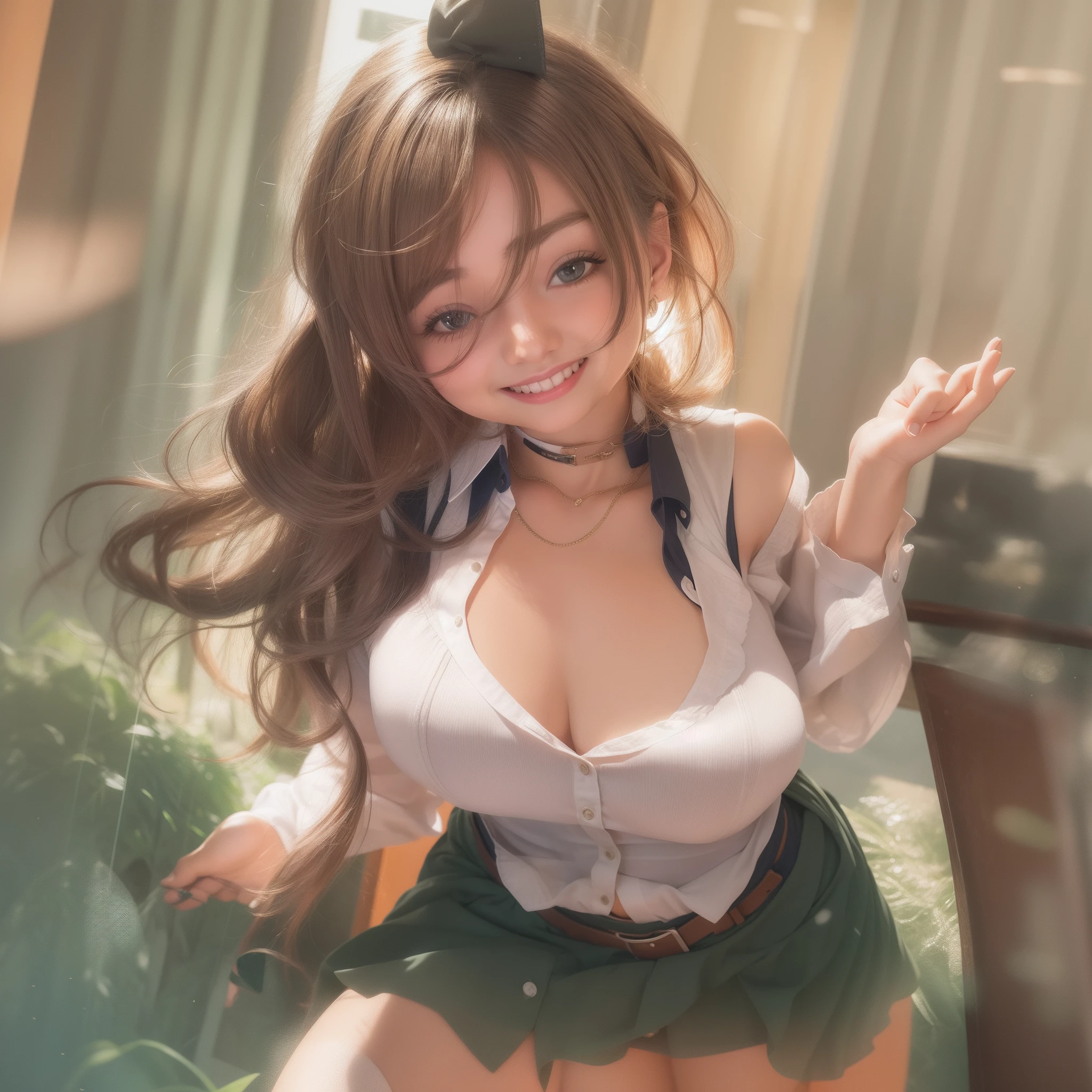 1girl, skirt, cleavage, smile
