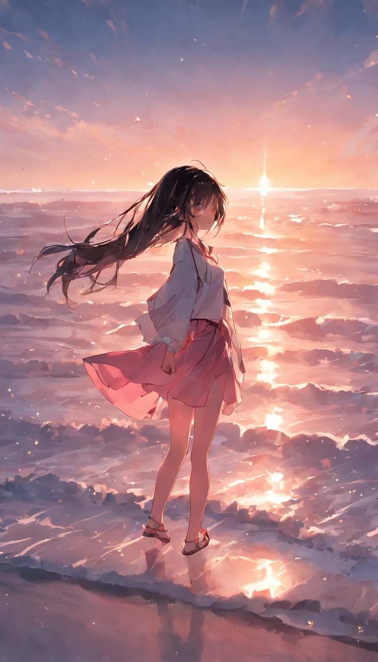 best qualtiy,tmasterpiece,超高分辨率,(真实感:1.4),RAW photogr,warm lights,The sea and the beach,1girll,Walking on the beach,White color blouse,Short pink skirt,sandals,the setting sun,cabelos preto e longos,(Slim,Dignified,shyexpression),Beautiful teenage girl,Beautiful goddess,Detailed scenes, Beautiful digital illustration, the detail,Hyper-detailed, Cinematic quality,((From below))