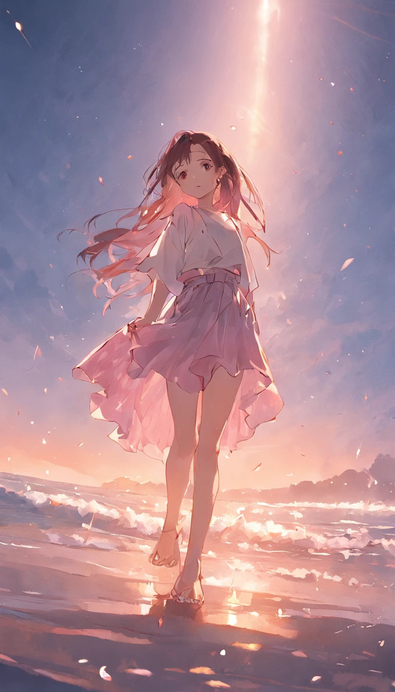 best qualtiy，tmasterpiece，超高分辨率，（真实感：1.4），RAW photogr，warm lights，The sea and the beach，1girll，Walking on the beach，White color blouse，Short pink skirt，sandals，the setting sun，cabelos preto e longos，（Slim，Dignified，shyexpression），Beautiful teenage girl，Beautiful goddess，Detailed scenes, Beautiful digital illustration, the detail，Hyper-detailed, Cinematic quality，((From below))
