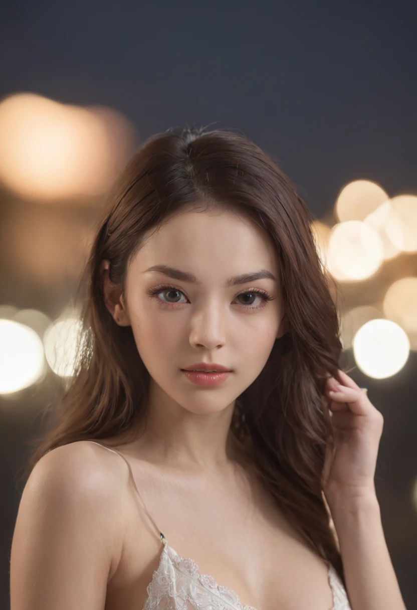 ((Midnight, Best quality, 8k, Masterpiece :1.3)), Whole body, Long legs, Sharp focus :1.2, A pretty woman with perfect figure :1.4, Slender abs :1.1, ((Dark brown hair, Big breasts :1.2)), (White tight tshirt, Jean bib, Standing:1.2), ((Night city view, Rooftop:1.3)), Highly detailed face and skin texture, Detailed eyes, Double eyelid Boudoir style half body portrait for magazine publication. Wearing black lacy lingerie dark room, dark lighting