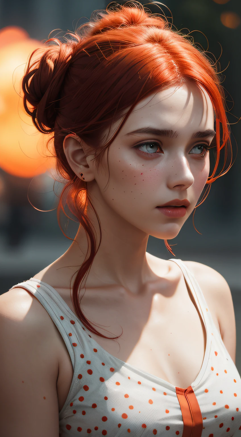 Beautiful [woman with fiery red, messy bun hairstyle] and sparks behind his, in the style of Alessio Albi, bokeh, [light white and dark orange], dotted, uhd image, serene faces
