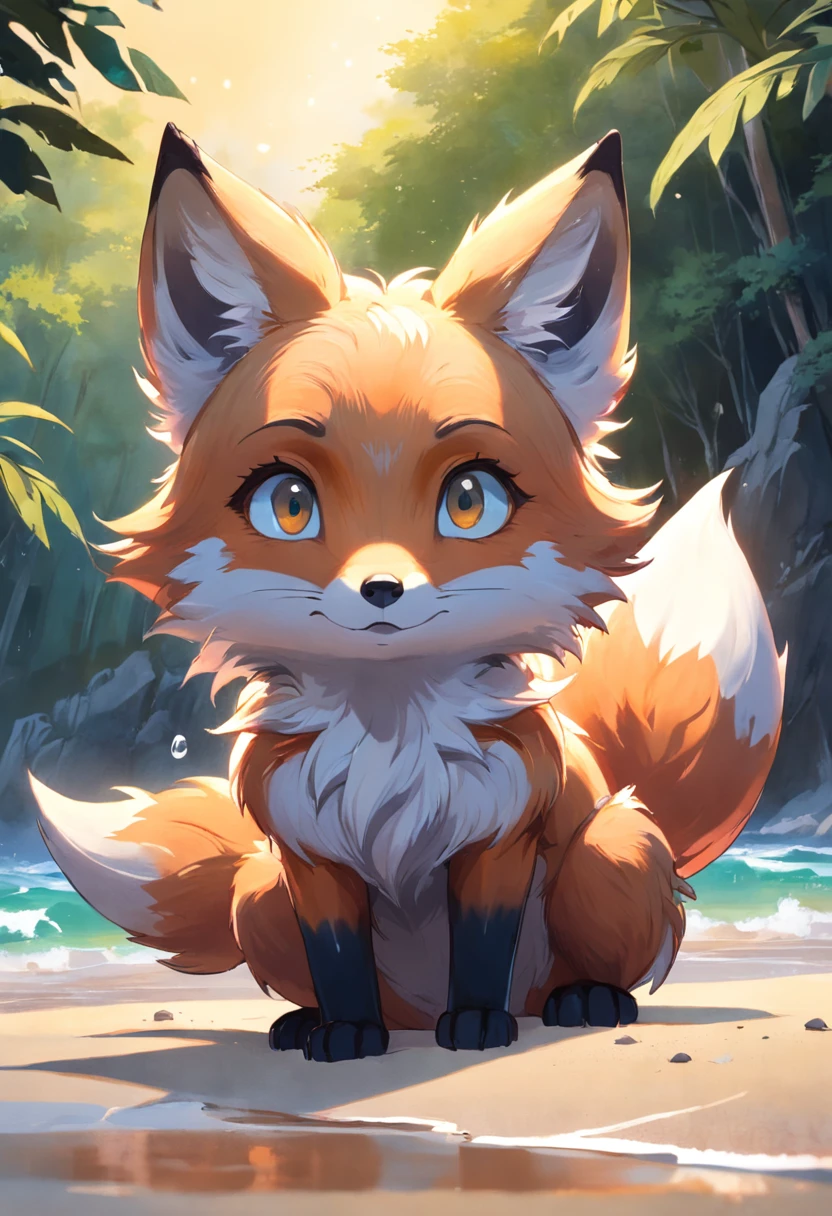 A curious little fox，shimmer in eyes，Venture to the beach，Eager to explore the unknown。watercolor art style。