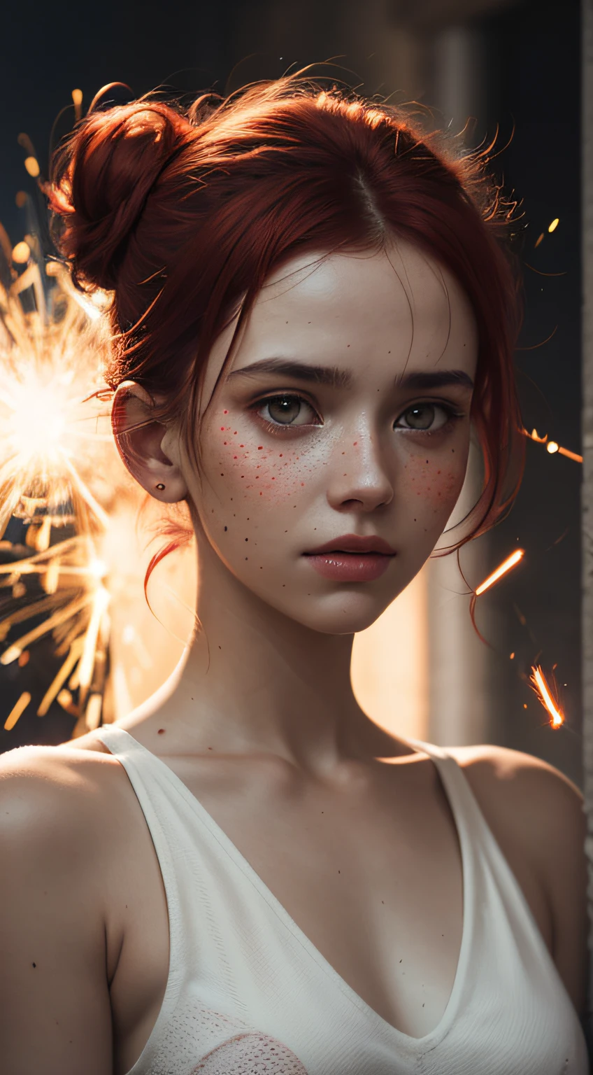 Beautiful [woman with fiery red, messy bun hairstyle] and ((sparks behind)) his, in the style of Alessio Albi, bokeh, [light white and dark orange], dotted, uhd image, serene faces