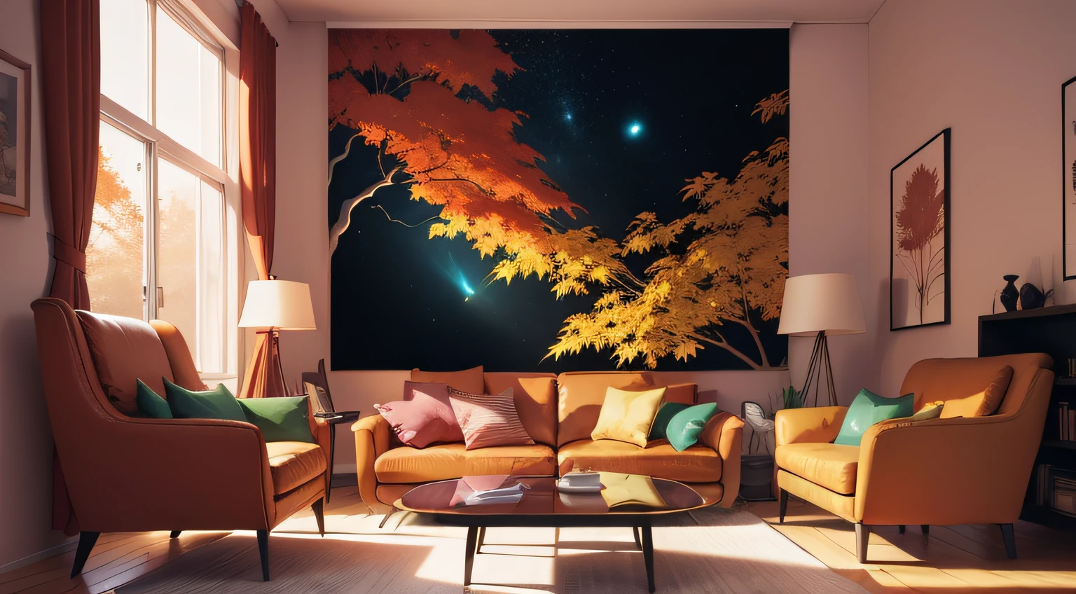 Living room picture，The leaves of the maple tree fall outside the window，In the style of space concept art，concept-art，Pink and amber，Vibrant illustrations，Childlike naivety，colorful animation stills，Organic realism，Calligraphy inspiration，fanciful，Reddish-orange in autumn，Bright background，Faraway view，Blank flat illustration at the top of the frame，VictoNgai style