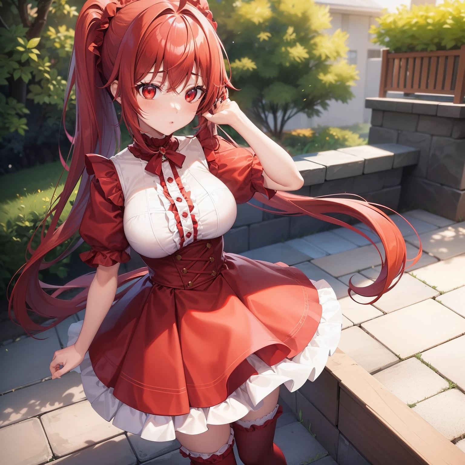 1 girl in、full bodyesbian、glares、{hairstyle on:(poneyTail),(Red-haired),(Ahoge)},red eyes,Red Lolita Clothes,Mini skirt with red ruffles、Red boots,Front composition,to stand,Colossal tits