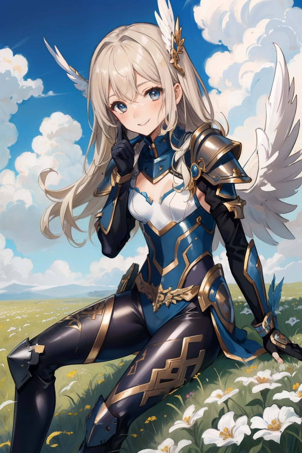 (​master piece, Best Quality),  Intricate details, valkyrie, (((friendly smile))), Hand up, Looking at Viewer, Feather Headgear, Flower meadow, (((flat breast)))  on top of the clouds, sitting
1 girl in, Solo, Portrait, ash Blonde Hair, drooping  eyes, Single Thigh, Independent Single Sleeve, gloves, 
 mecha musume, bodysuit, Reinforced Suit, Mini Feather Wings, pantyhose, full armor, flower decoration, equip sword,