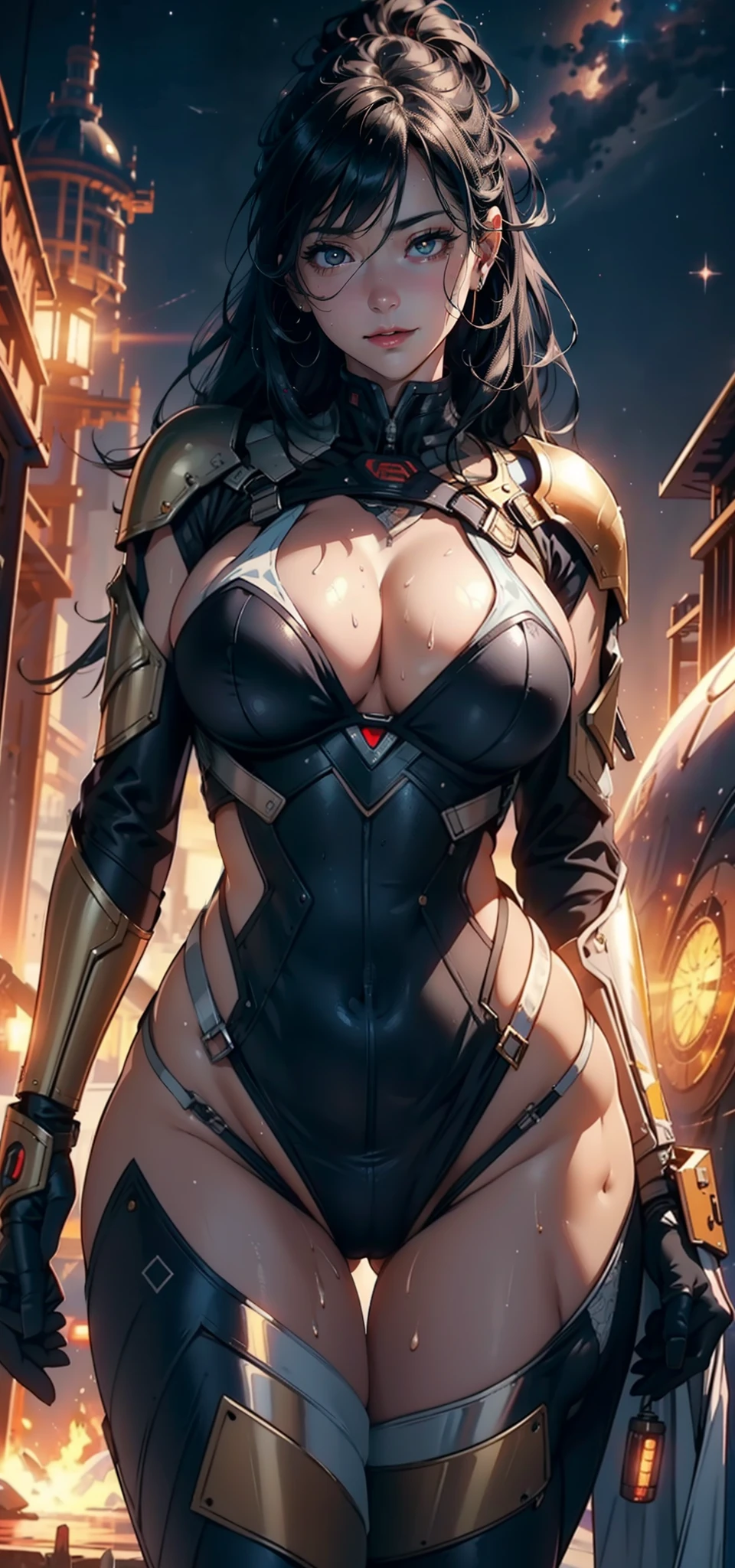 1female，35yo，A MILF，熟妇，huge tit，long leges，Big breasts Thin waist， 独奏，（Background with：space，space ship，Artificial satellite，） She has long black hair，Stand on a spaceship，Sweat profusely，drenched all over the body，seen from the front， hair straight， mostly cloudy sky，（（（tmasterpiece），（Very detailed CG unity 8K wallpaper），best qualtiy，cinmatic lighting，detailed back ground，beatiful detailed eyes，Bright pupils，Black eyes，（Very fine and beautiful），（Beautiful and detailed eye description），ultra - detailed，tmasterpiece，）），facing at camera，A high resolution，ultra - detailed），revealing breasts，Bare genitalia，  Bulge，legs are open，Raised sexy，Camel toes，Flushed complexion，Smile，Desire for dissatisfaction，frontage，The astronaut，（Wearing：Spacesuit，Armour，Gold wire embroidery）
