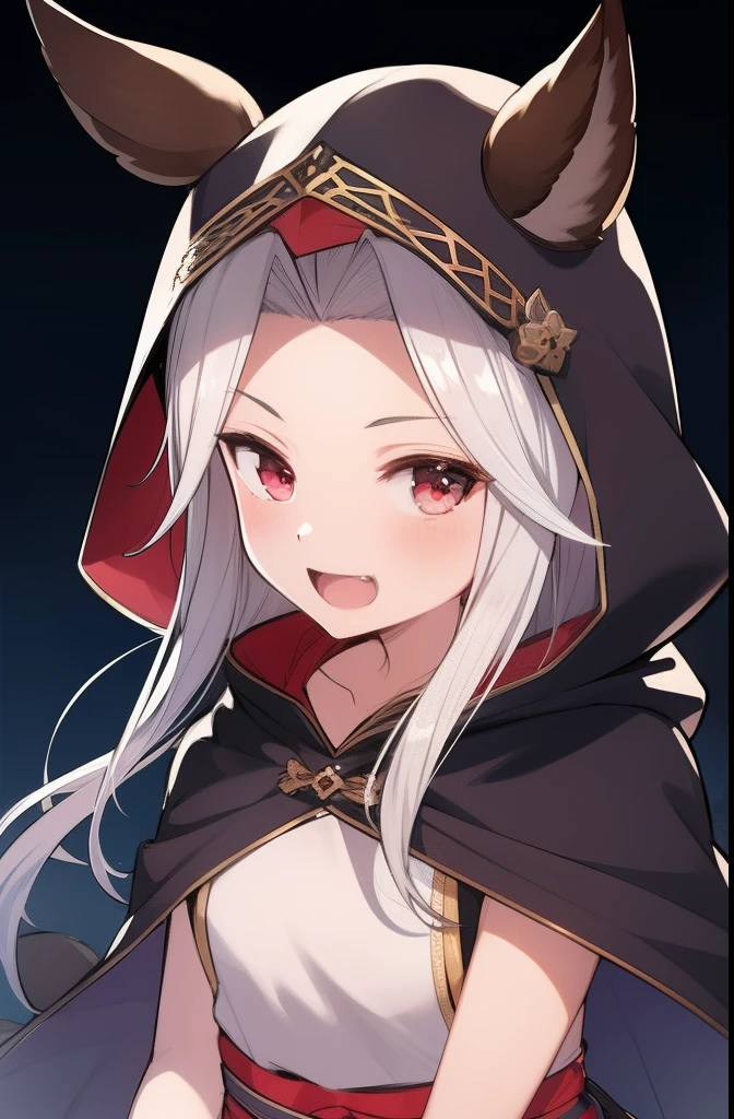 1girl, :d, animal_ears, blue_background, bushi_(katsuwobushi), cat_ears, cloak, commentary_request, ears_through_headwear, erune, granblue_fantasy, hood, hooded_cloak, long_hair, open_mouth, red_eyes, scathacha_(granblue_fantasy), silver_hair, smile, solo, text_focus, translation_request, upper_body